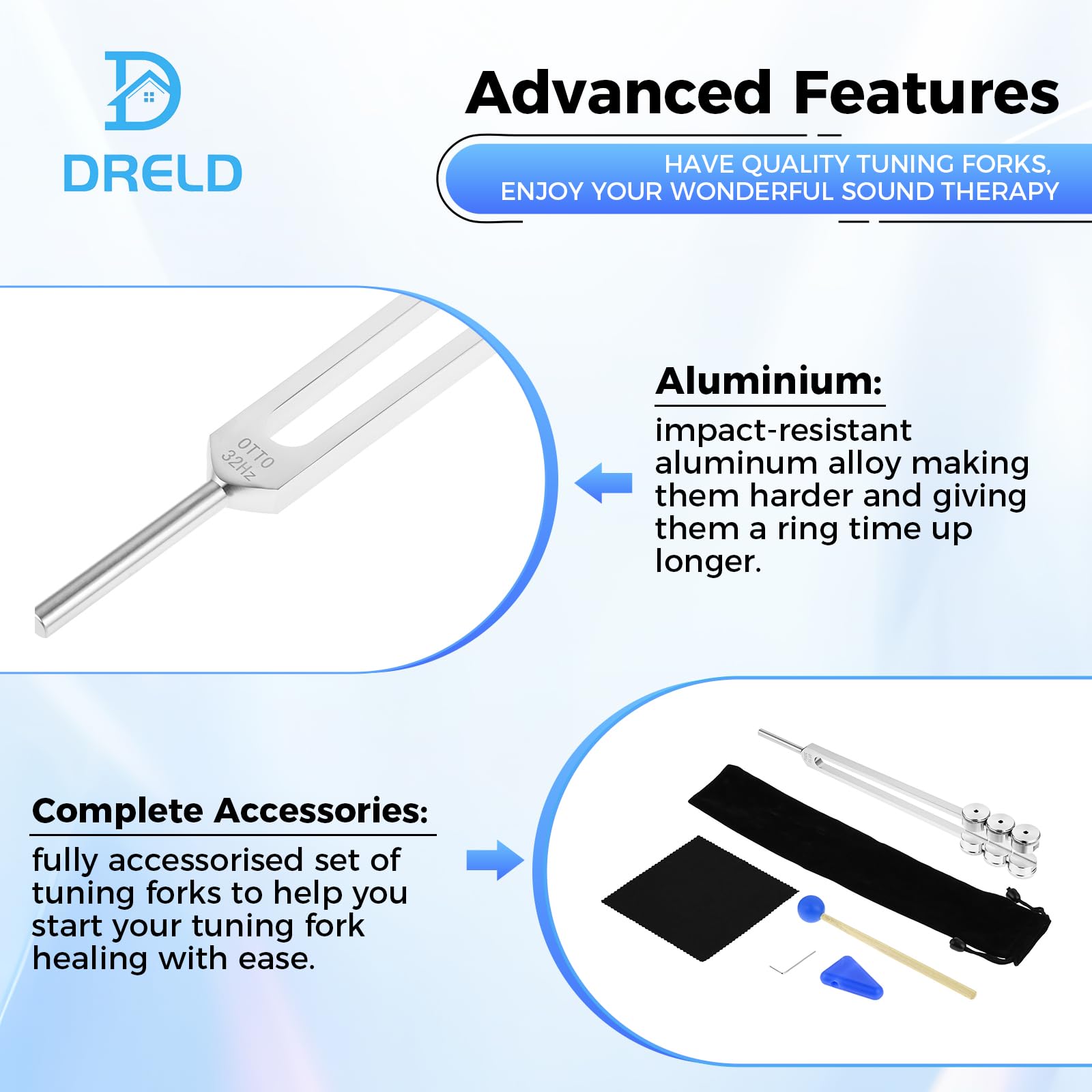 DRELD 32Hz Weighted Tuning Fork, Aluminium Alloy Tuner with Hammer, Triangular Tip, Velvet Pouch, Cleaning Cloth - Image 3