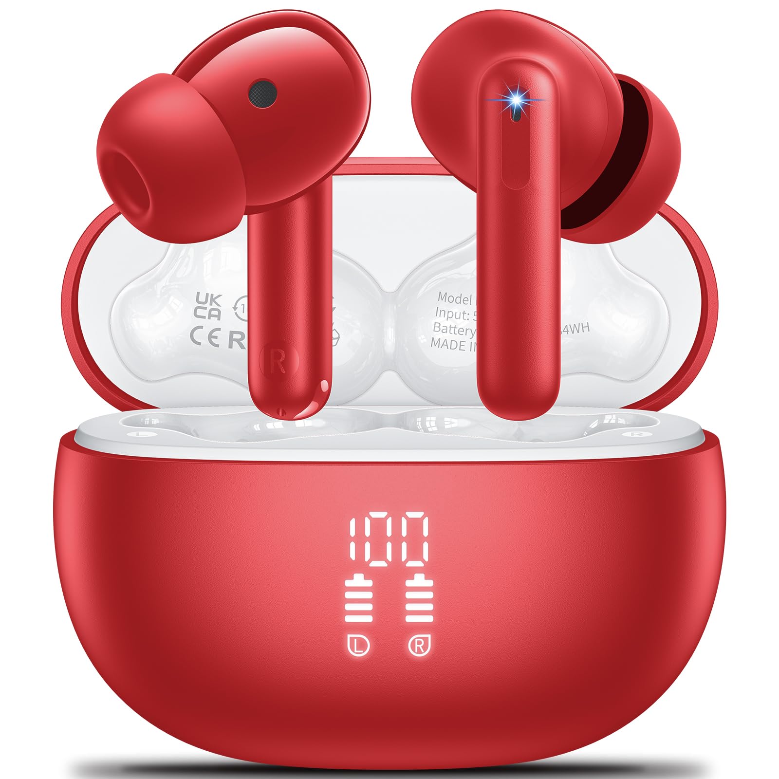 Cuffie Bluetooth, Auricolari Bluetooth 5.3 con 4 Mic ENC Cancellazione Rumore Cuffie Wireless In Ear HiFi Stereo 42Ore LED Display Cuffie Wireless Bluetooth IPX7 Impermeabili Cuffie Rosso Intenso