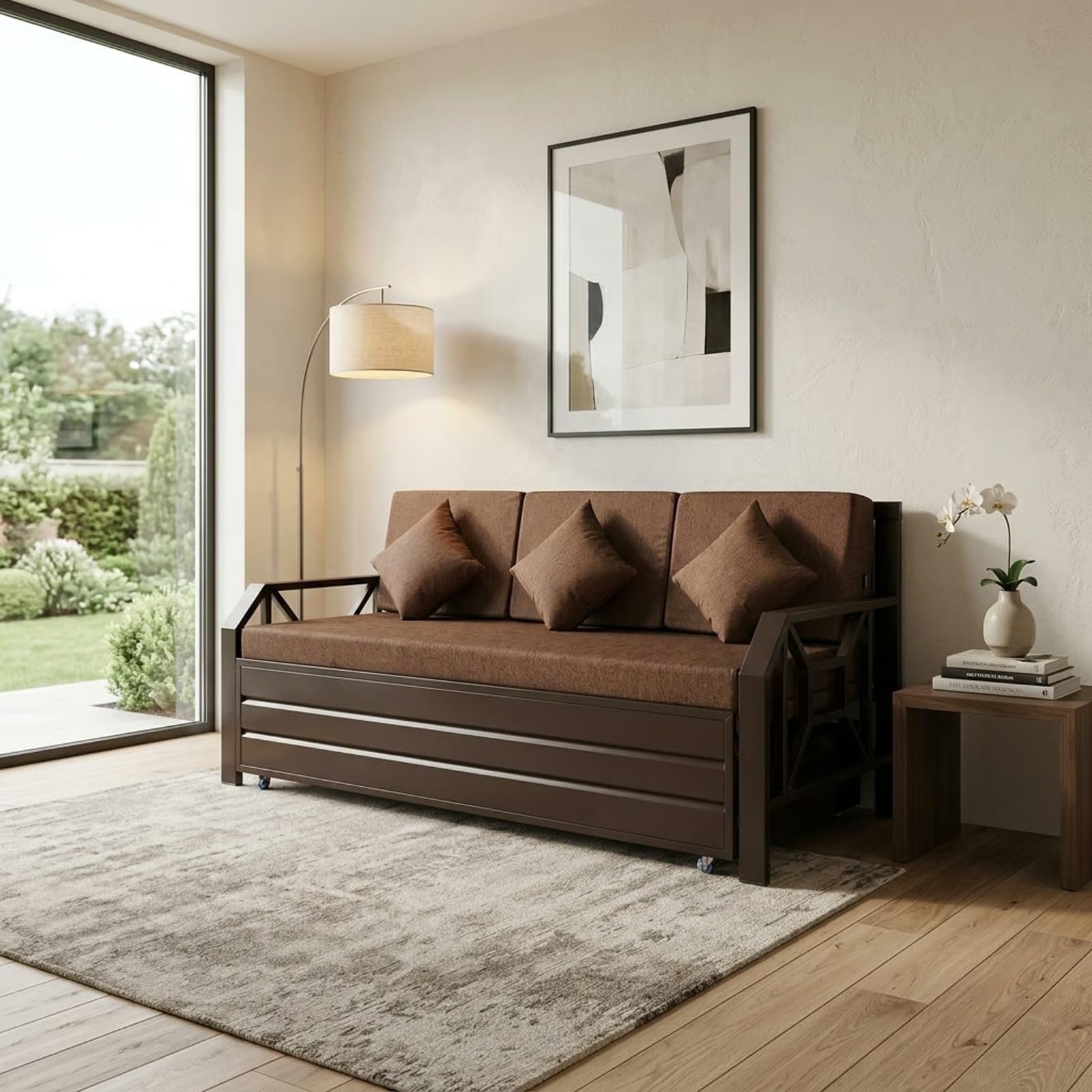 King Size 6X6 Metal Sofa Cum Bed with Hydraulic Storage - 3 Seater Brown (Matte Finish, Brown) 3-Person Sofa-image-6