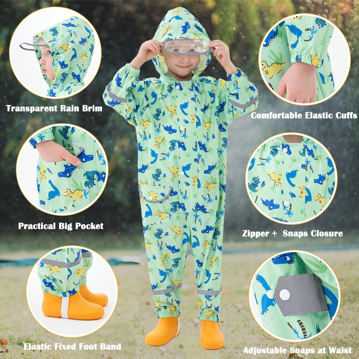 Kids Rain Suit for Boys Girls Toddler Raincoats One Piece Hoodie Cartoon Coverall Waterproof Rainwear 1-10 Years - Image 5