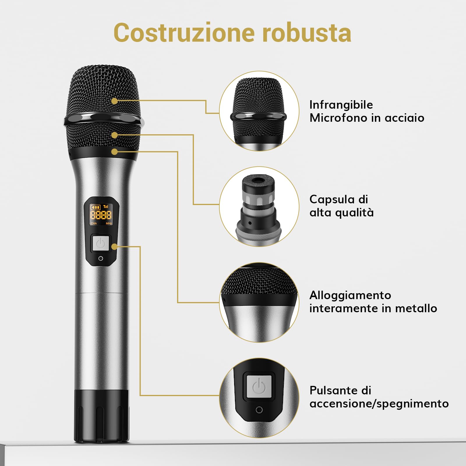 TONOR Microfono radio wireless UHF in metallo, professionale dinamico doppio microfoni senza fili, sistema mic a mano, set per karaoke, feste, DJ, chiesa, matrimonio, riunione, 60m, Argento, TW820