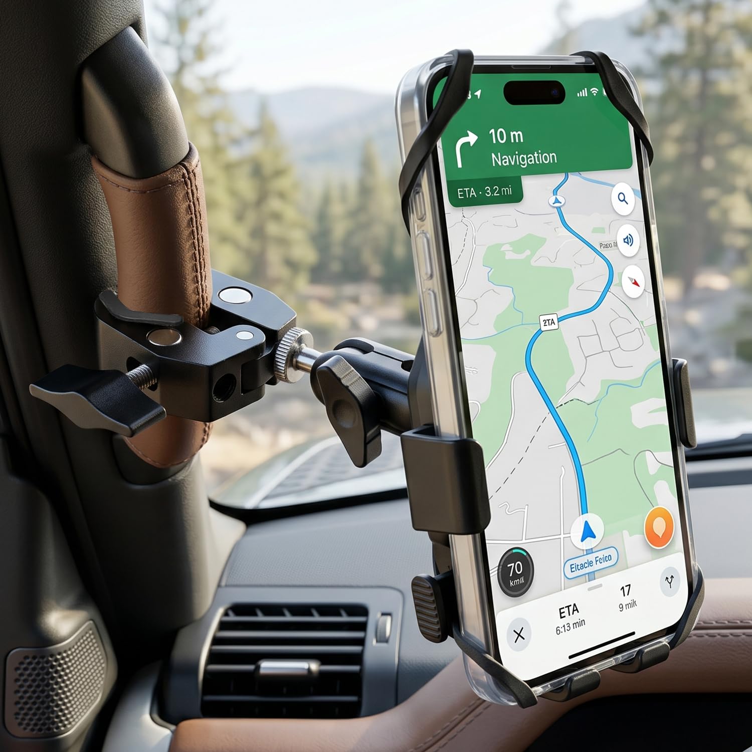 Un soporte de teléfono de pilar, con asa de agarre para coche, soporte de clip para camión, camioneta, SUV, furgoneta, excavadora, cargador frontal, Jeep, apto para iPhone, Samsung y todos