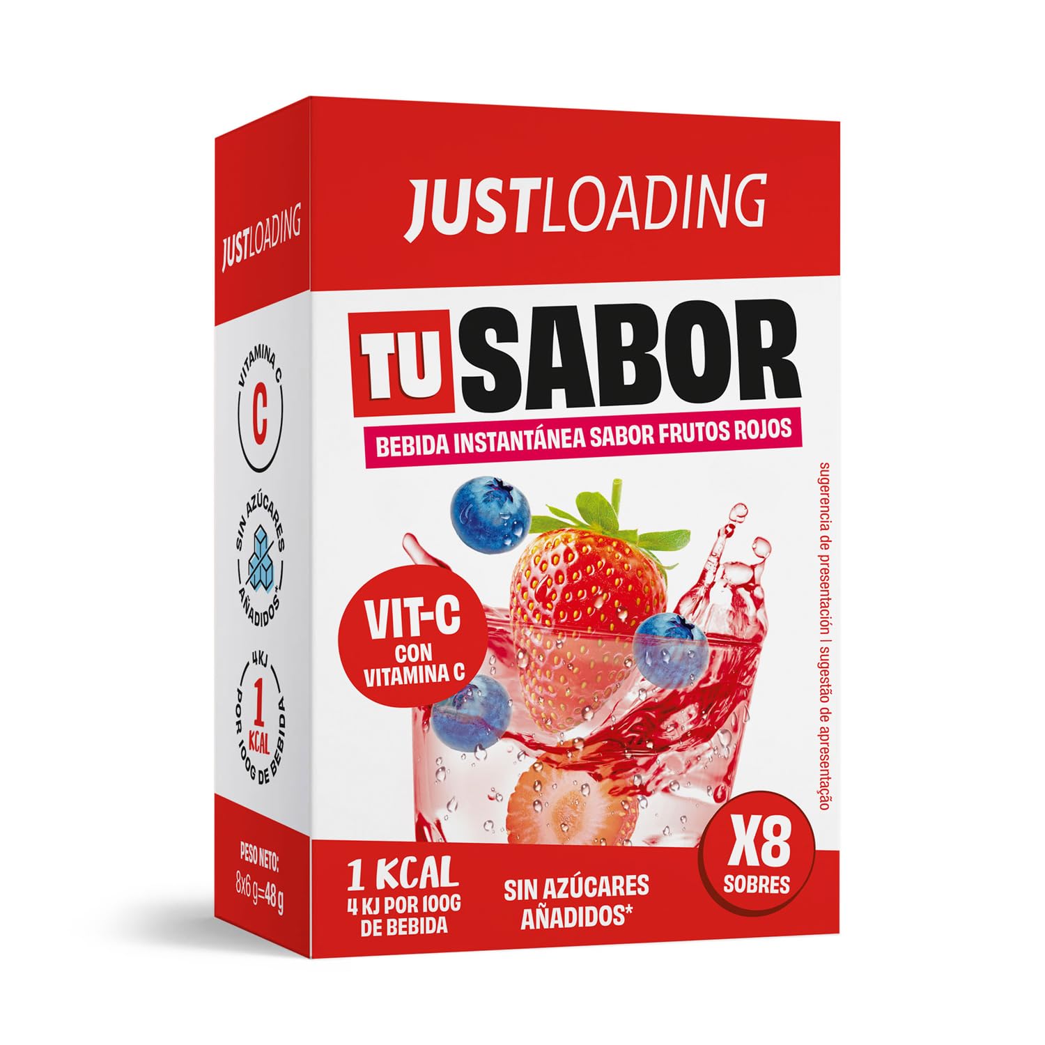 JustLoading saborizante de agua sin azúcares añadidos sabor frutos rojos - Monodosis = 1 litro de bebida - Sólo 1 kcal/vaso- Con Vitamina C - Sin gluten - Polvos para saborizar 56 l de agua (56x6g)