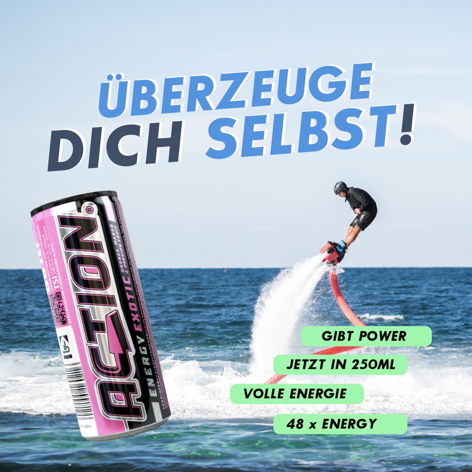 Action Energy Drink Exotic (48 x 250 ml) incluye depósito – Refresco con naranja, mango y sabor a fruta de la pasión – patata energética con mayor contenido de cafeína 32 mg/100 ml de cafeína enfoque