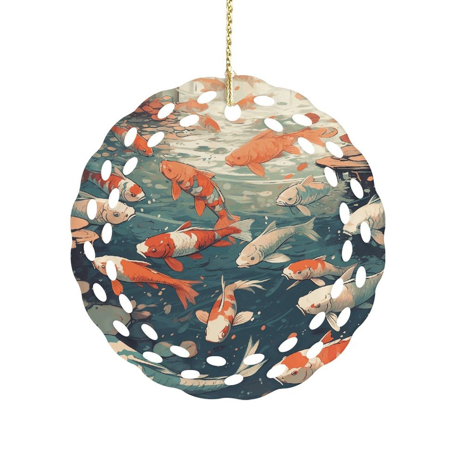 Btcowzrv Style Hand Drawn Fish Pattern Ceramic Ornament,Round Ornaments With Hole Easy To Hang,Hanging Ornament For Wedding Party Home Window Garden Christmas Day Decor