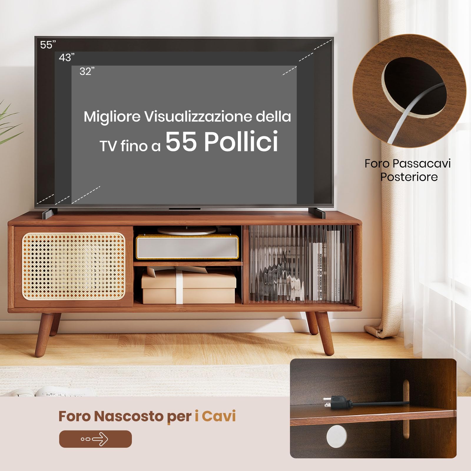 COSTWAY Mobile TV per TV Fino a 55", Mobile Porta TV Salloto, Mobiletto Soggiorno con 2 Ante Scorrevoli, Tavolo Consolle con Gambe in Legno Gamba, 120,5 x 31 x 45,5 cm (Marrone)