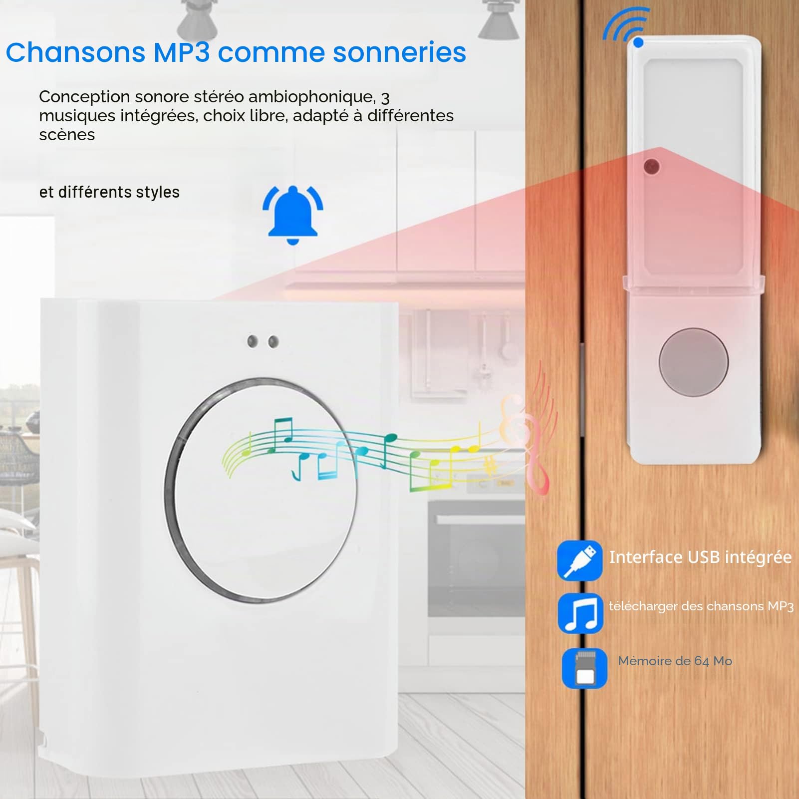 Sonnette sans Fil étanche, Téléchargement Mp3 à Distance pour la Maison, Sonnette Personnalisable sans Fil, 200M, Sonnette de Porte Mp3