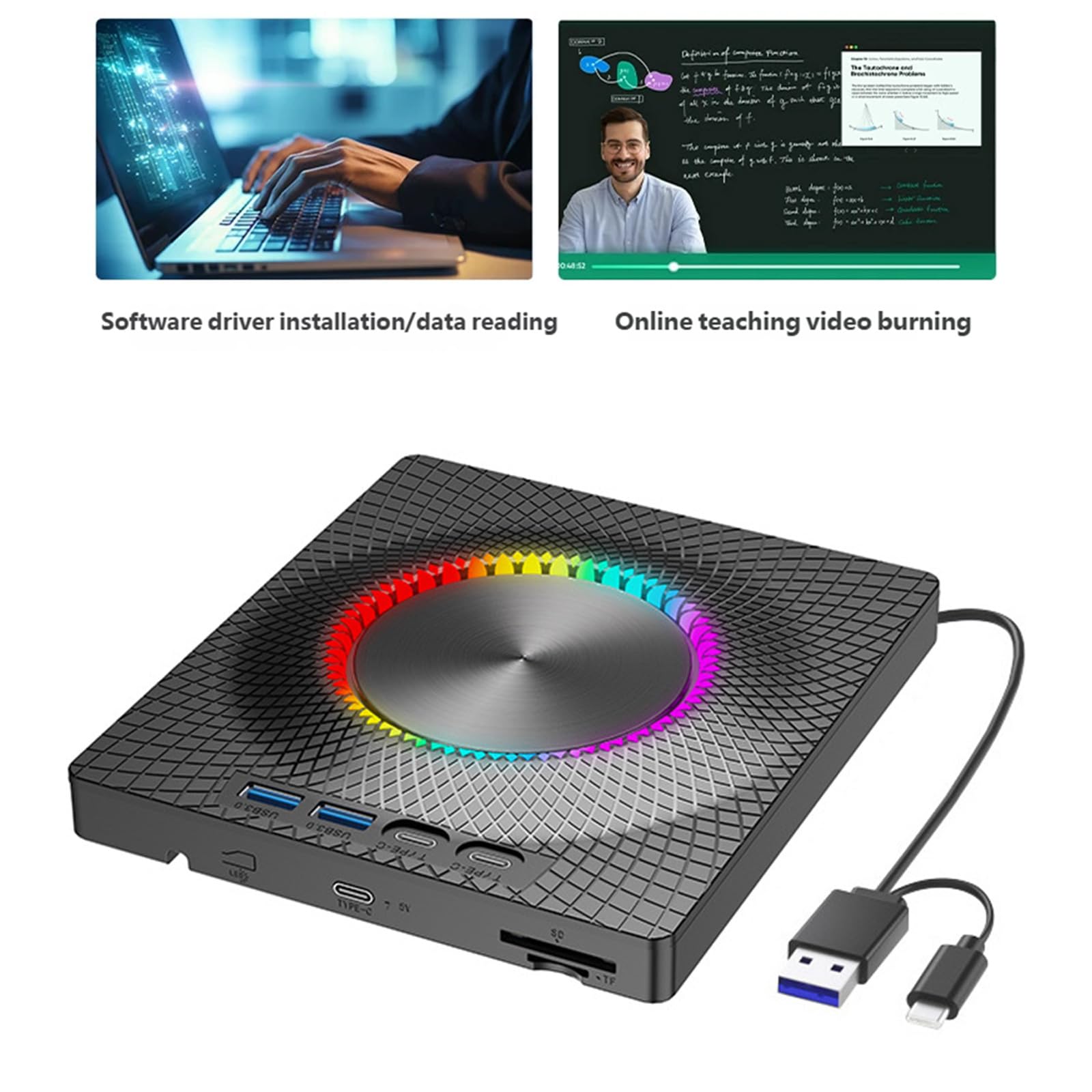 Unidad de disco externa portátil con conexión USB 3.0 y tipo C para una rápida transferencia de datos y grabación de discos para viajeros