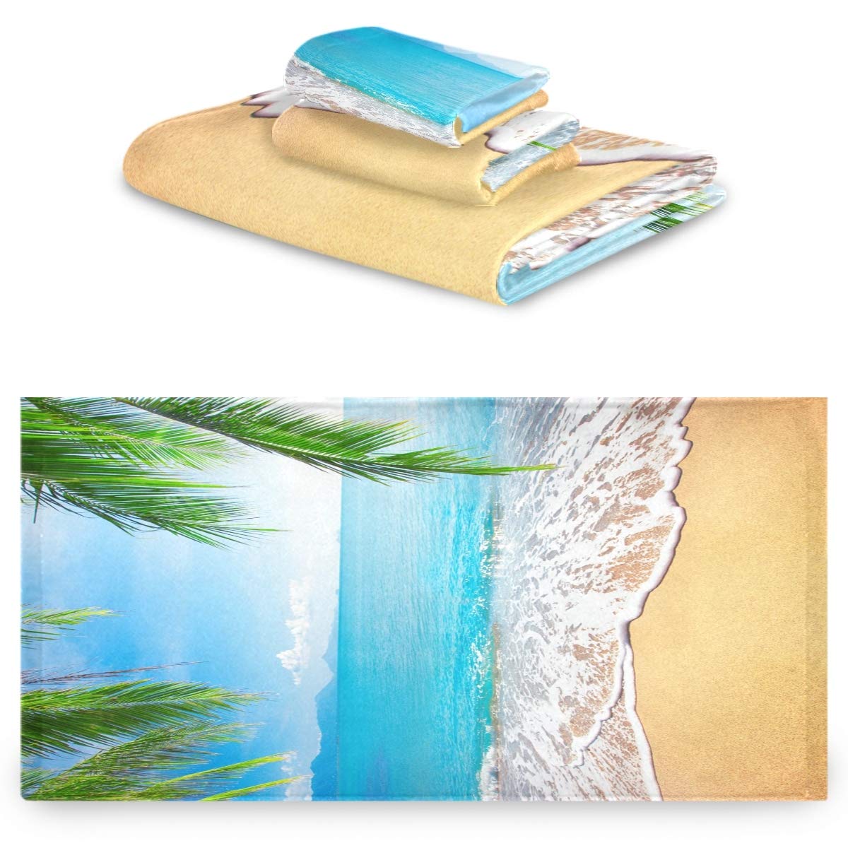 Naanle 3D Schöne Sommerpalmenblätter Tropischer Strand Weiches Luxus Dekoratives Set von 3 Handtüchern, 1 Badetuch+1 Handtuch+1 Waschlappen, Mehrzweck für Badezimmer, Hotel, Fitnessstudio, Spa und