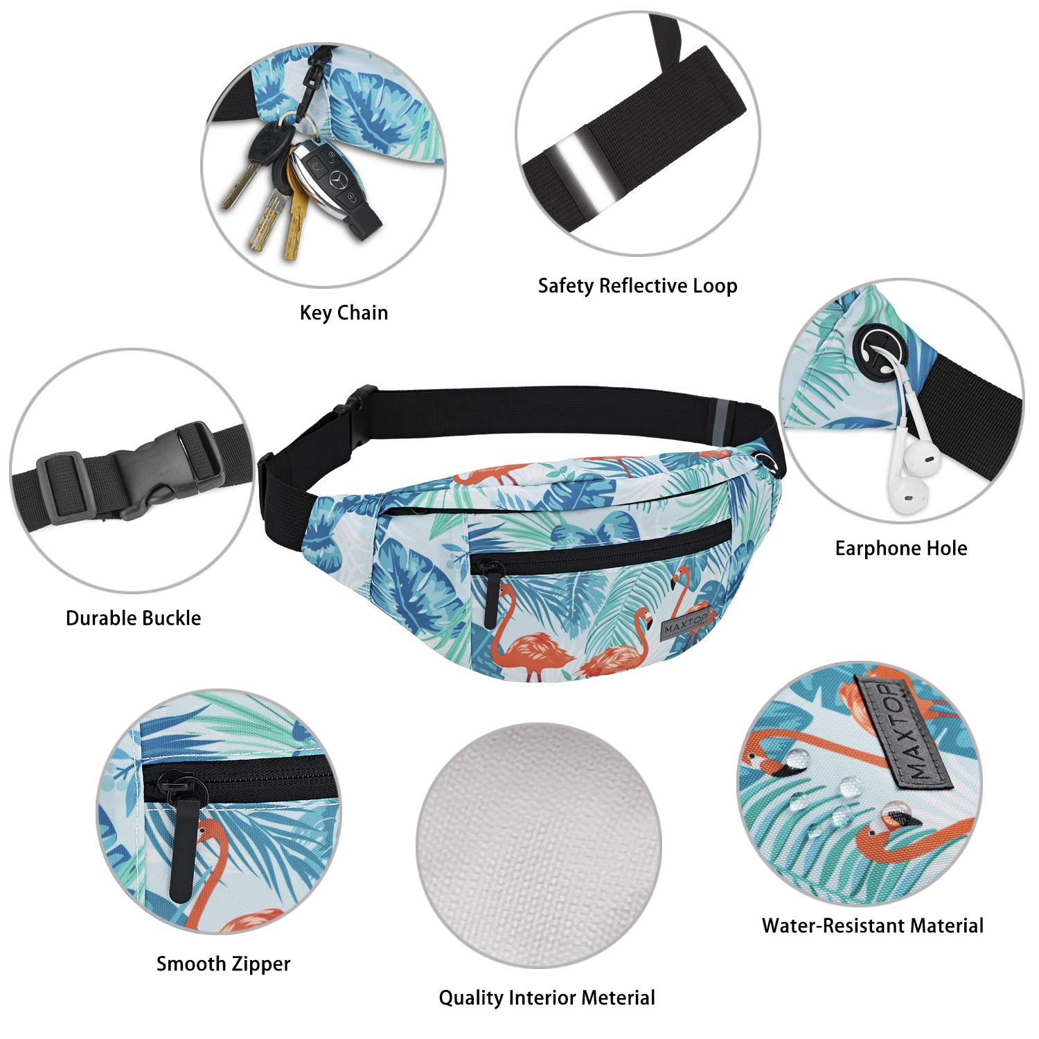 MAXTOP Marsupio grande per donna e uomo, marsupio con attacco per cuffie e 4 tasche con zip, cintura regolabile per ciclismo, corsa, jogging, viaggio, outdoor, allenamento