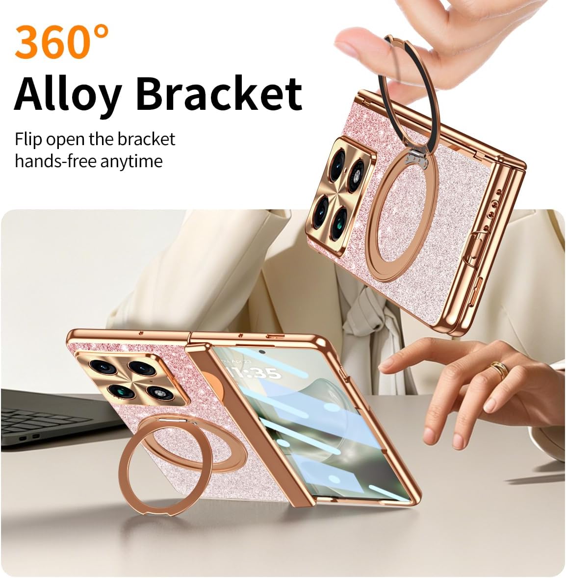 Compatible with Motorola Razr Fold Case,[Built-in HD Screen Protector] Magnetic 360° Rotating Stand Plating Cover,Shockproof Drop Proof Full Hinge Bling Sparkle Phone Case for Women Girls (Pink)