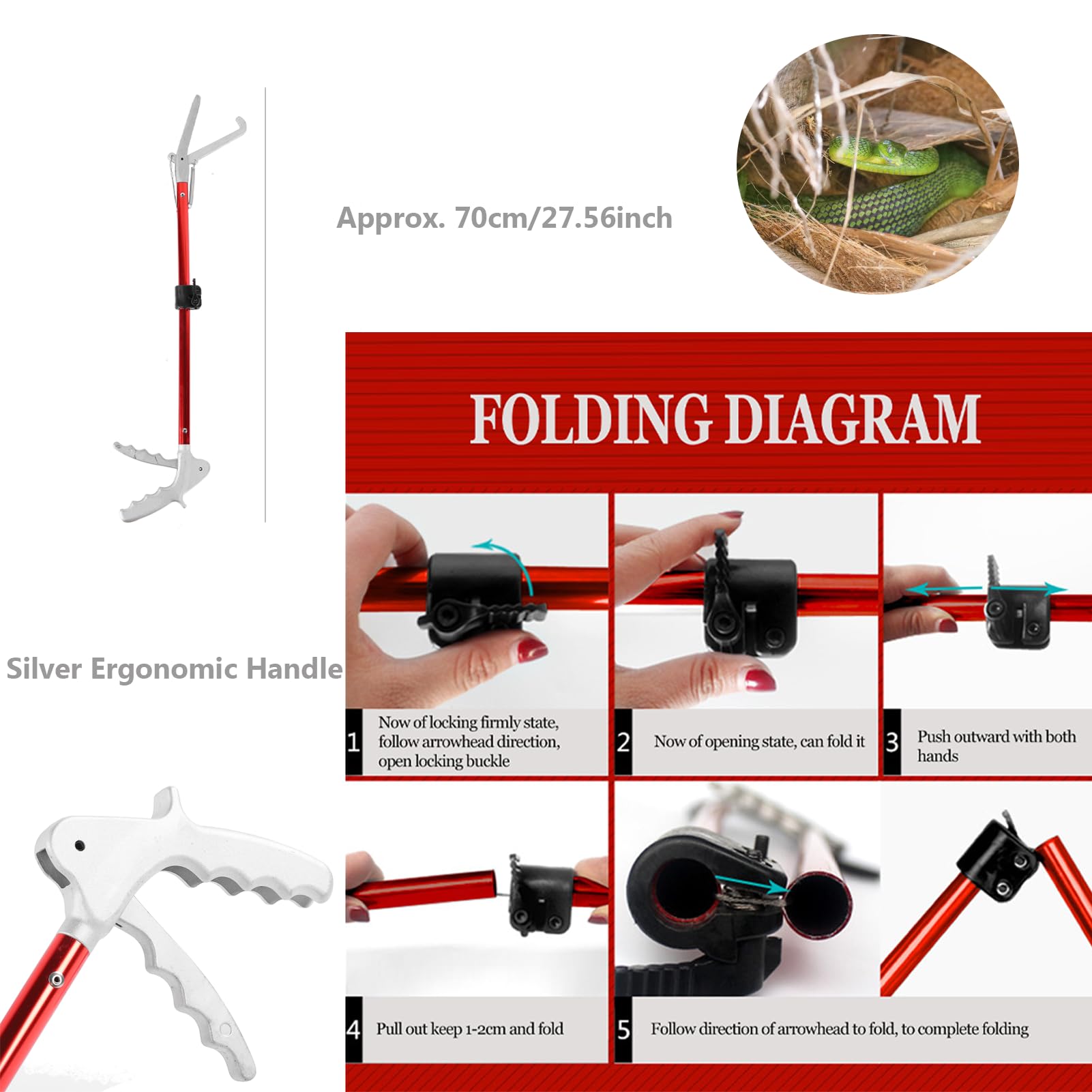 LenTLy 70 cm Pinzas para Serpientes, Profesional Alicate de Serpiente Plegable de Aleación de Aluminio de 1 Pieza con Alicates Anchos, con Mango,Portátil para Atrapar Serpientes