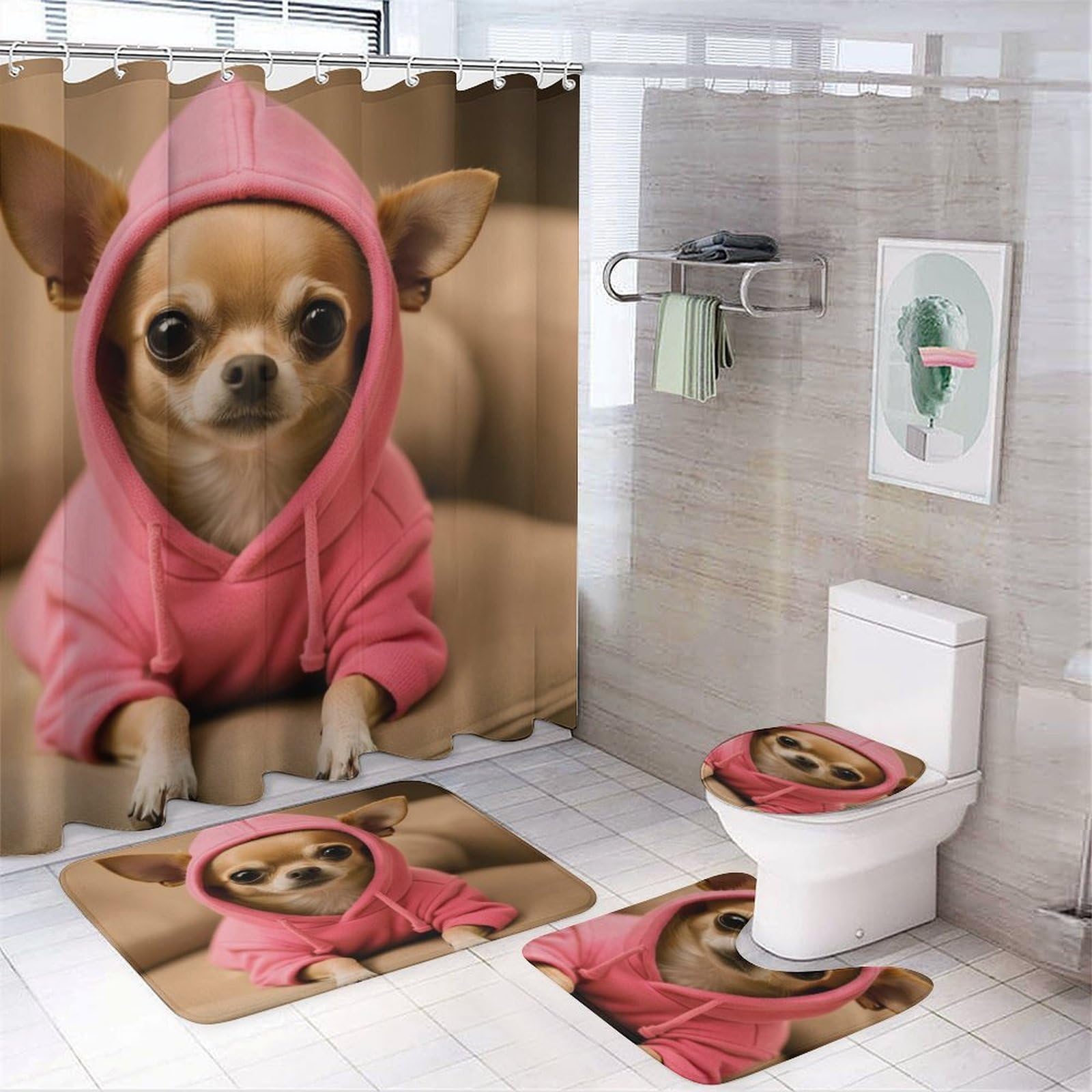 Ensemble de 4 Rideaux de Douche et Tapis de Bain Motif Chiot Chihuahua, hydrofuges et absorbants.