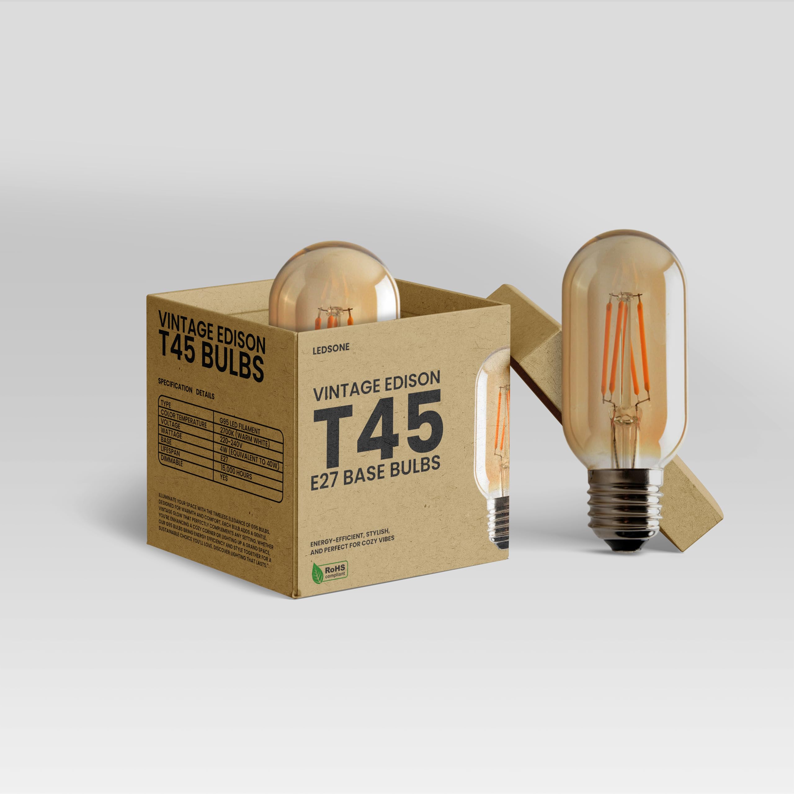 LEDSone Edison Light Bulb 4W, 40 Watt Light Bulbs Equivalent, E27 Vintage Light Bulbs, Warm Light 2700K, 400LM, Tubular T45 Amber Glass Light, Antique Decorative Light Bulb, Dimmable (T45-E27, 4w)