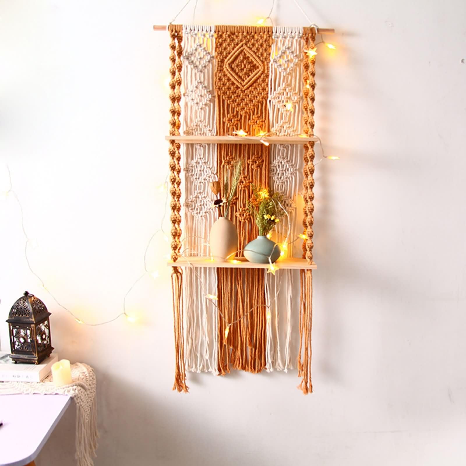 Homxi Tapiz de Macrame para Colgar 44x70cm,Tapiz Macrame con Estante Madera con Borlas Tejidas Tapiz Tejido Pared Marrón