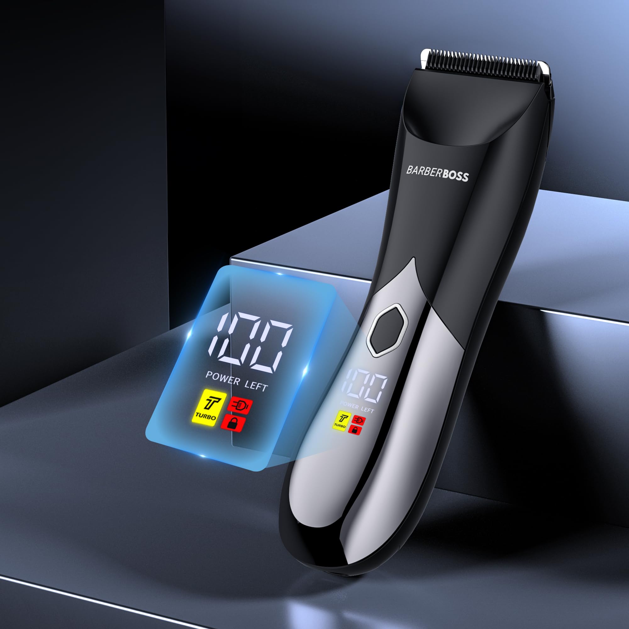 BarberBoss Regolabarba Uomo, Rasoio Elettrico Wet/Dry per Petto, Inguine e Intimo, Design Impermeabile con Doppia Velocità, Blocco da Viaggio e Base di Ricarica