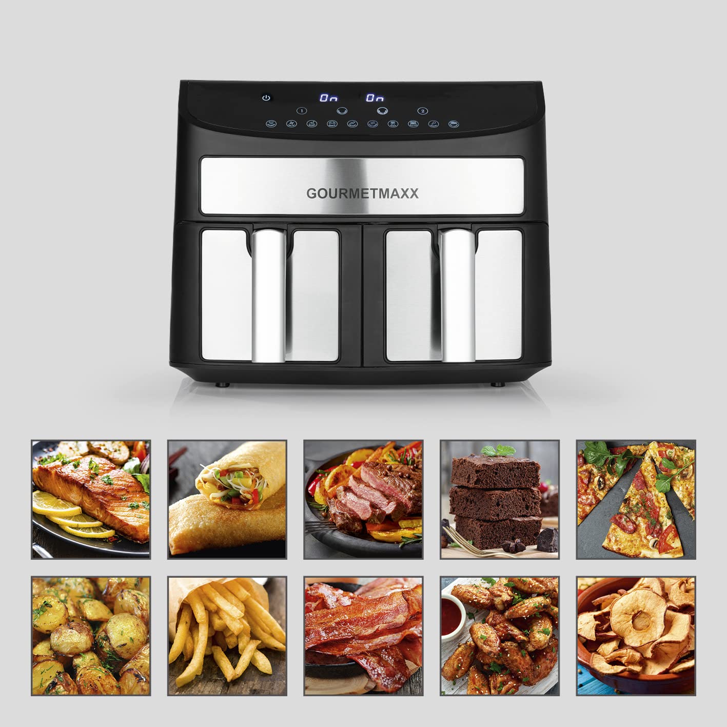 GOURMETmaxx Dwukomorowa frytkownica na gorące powietrze, 2 x 3,5 l, stal nierdzewna, Airfryer z synchronizowanymi strefami gotowania, funkcją timera i wyświetlaczem dotykowym, energooszczędne smażenie