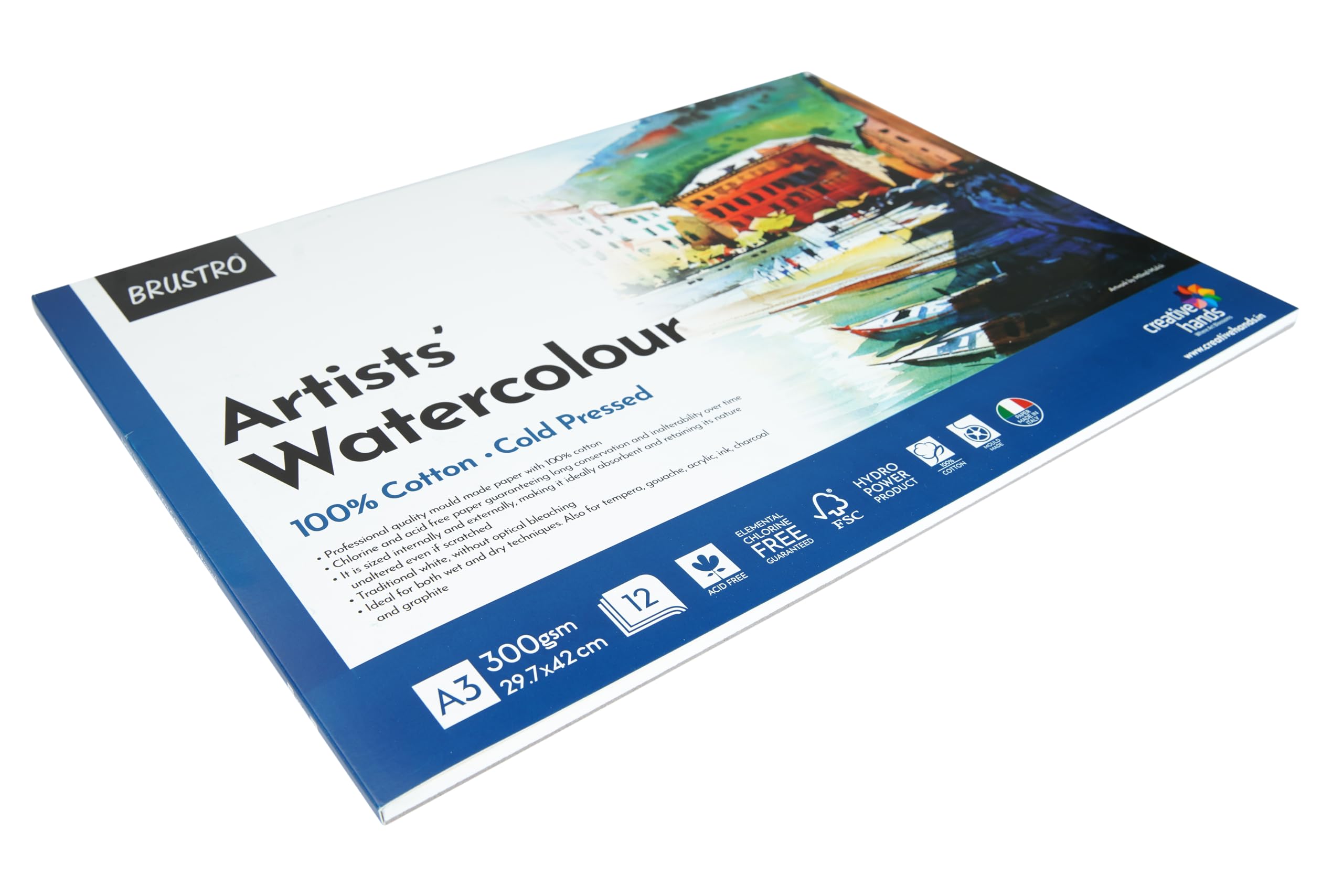 Brustro Künstler-Aquarellpapierblock, 100 % Baumwolle, kaltgepresst, 300 g/m², A3, 12 Blatt, ideal für professionelles Zeichnen, Malen, trocken und nass, Kunststudenten