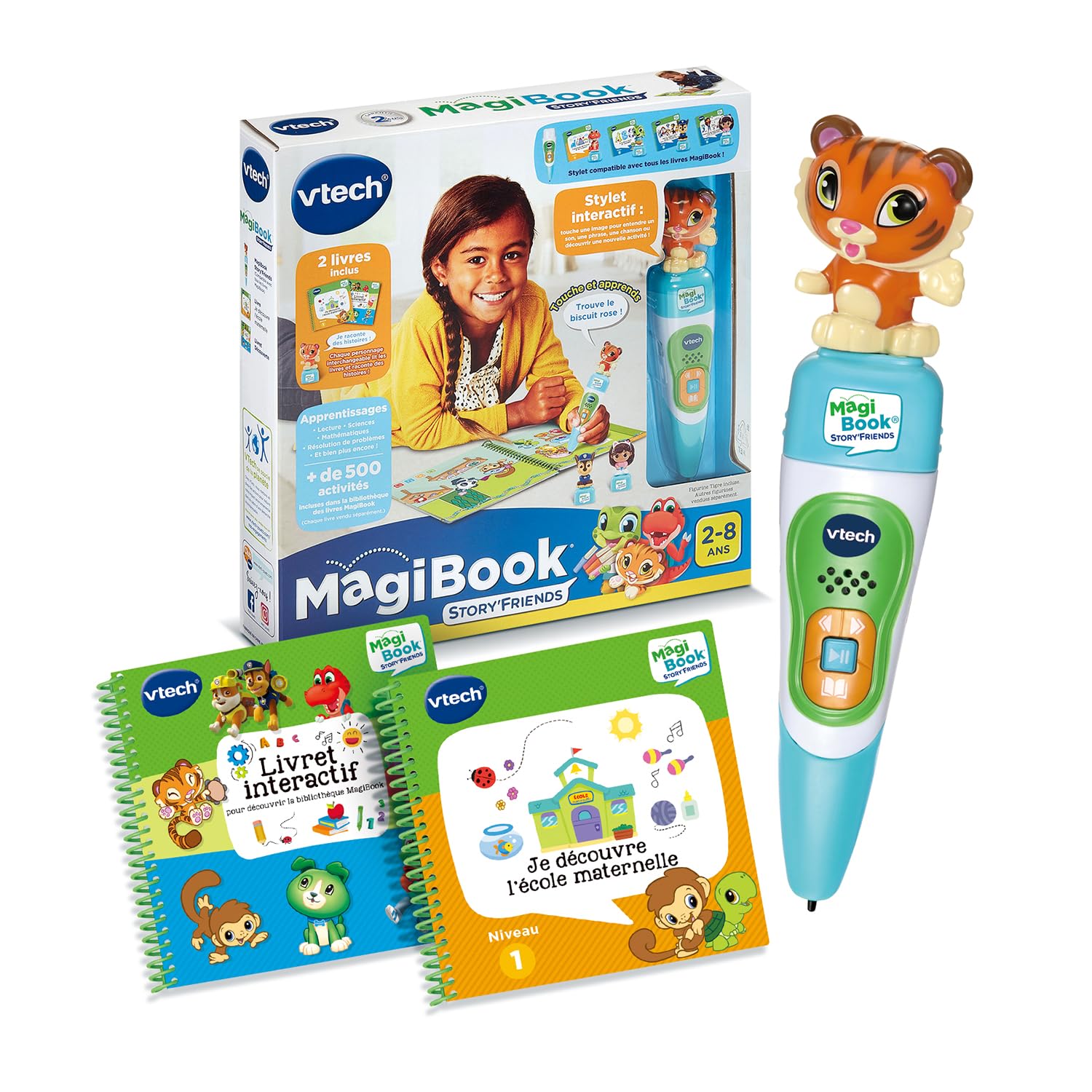 VTech - MagiBook Story'Friends Starter Pack - Coffret Complet avec Stylo Lecteur de Livre Interactif, Livre Jeu Maternelle et Figurine Tigre - Cadeau Enfant de 2 Ans à 8 Ans - Contenu en Français