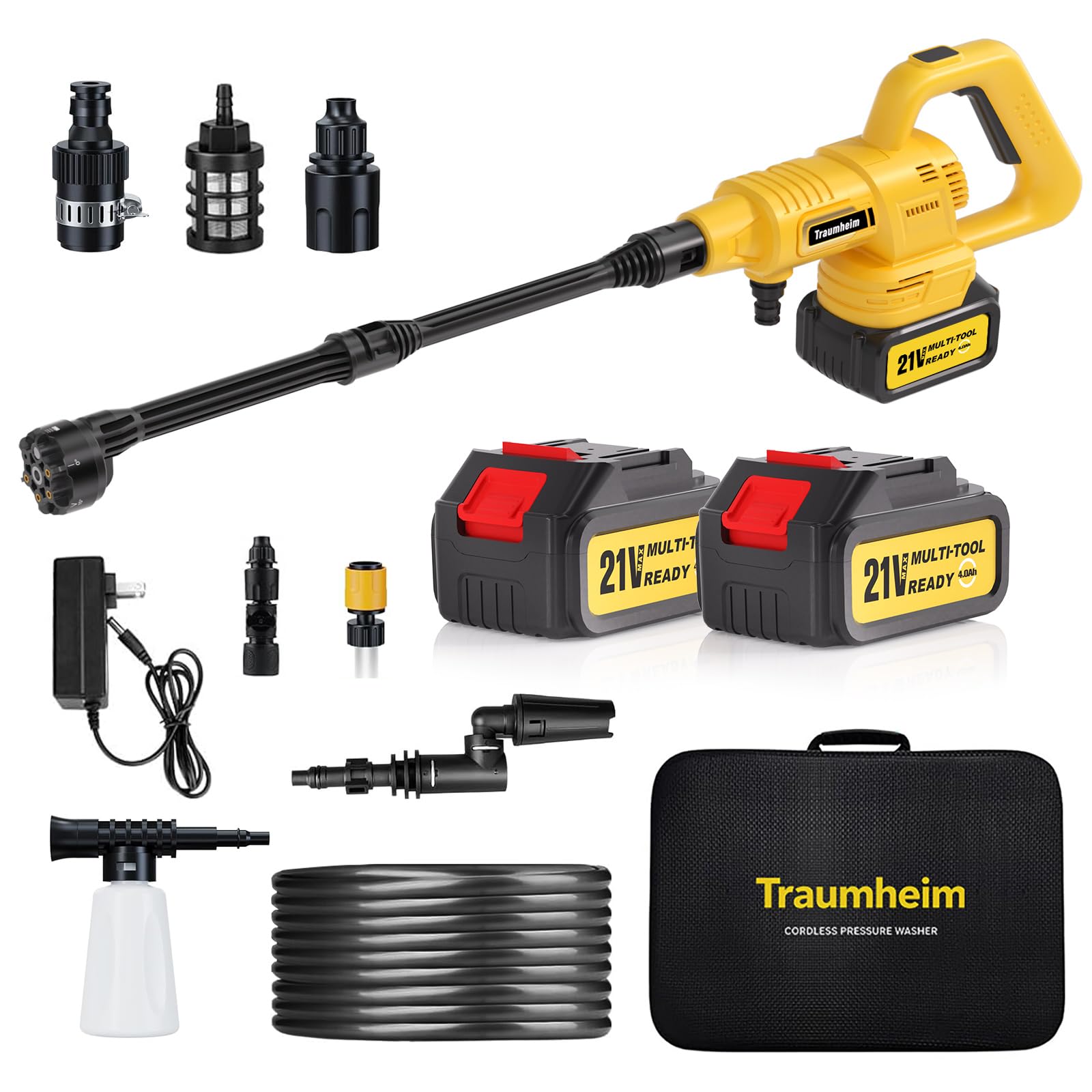Hidrolimpiadora Inalámbrica 21V, 68 Bar, 2X 4000mAh | Motor sin escobillas, boquilla giratoria 180°/360°, boquilla 6 en 1, adaptador para botella, lanza de extensión