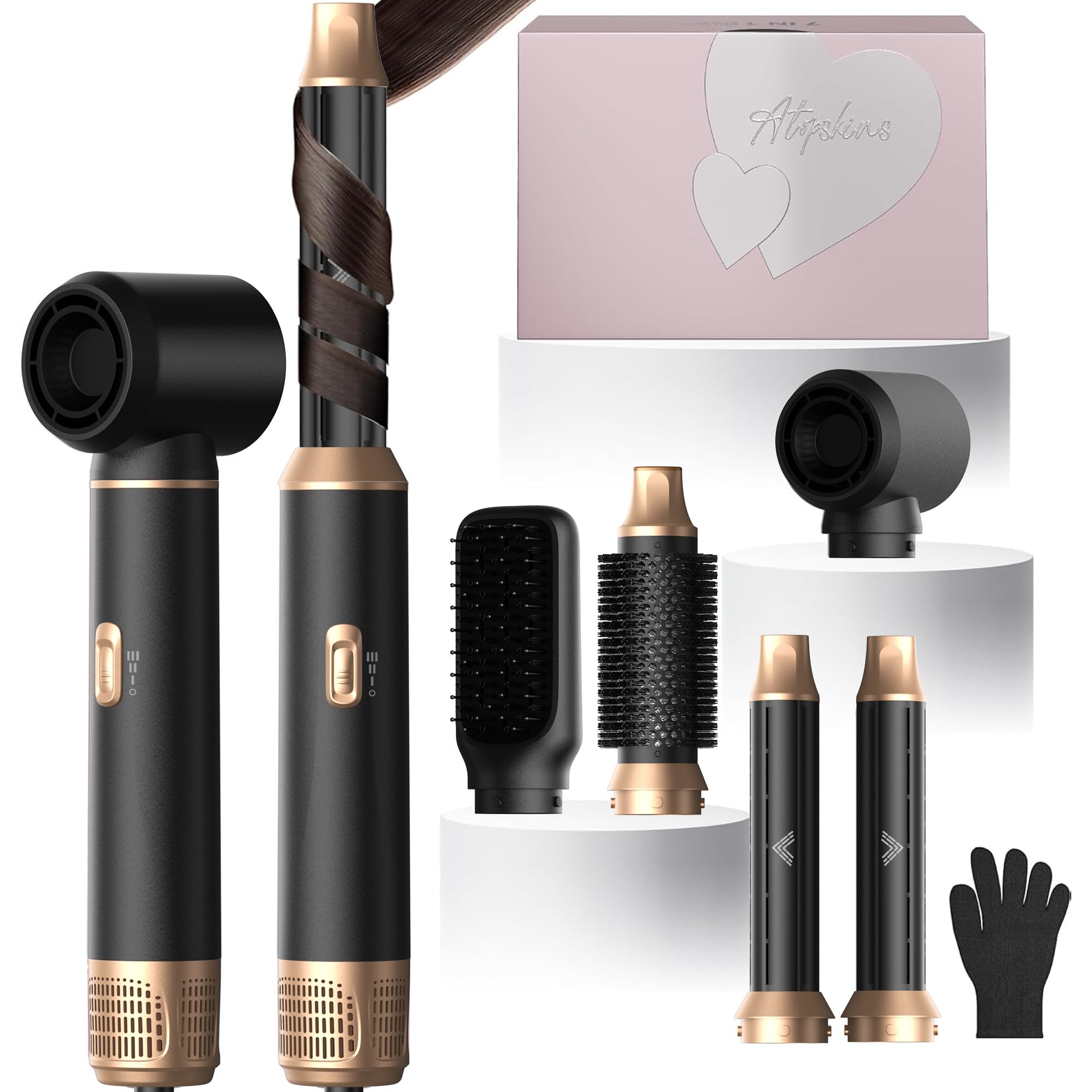 Atopskins 5 in 1 Hairstyler mit Lockenstab mit Luft Links/Rechts, 1000W Airstyler Hair Styler Set mit Föhn für Locken, Rundbürstenföhn, Haarstyler, Warmluftbürste, Airbrush, Glättbürste, Schwarz-gold