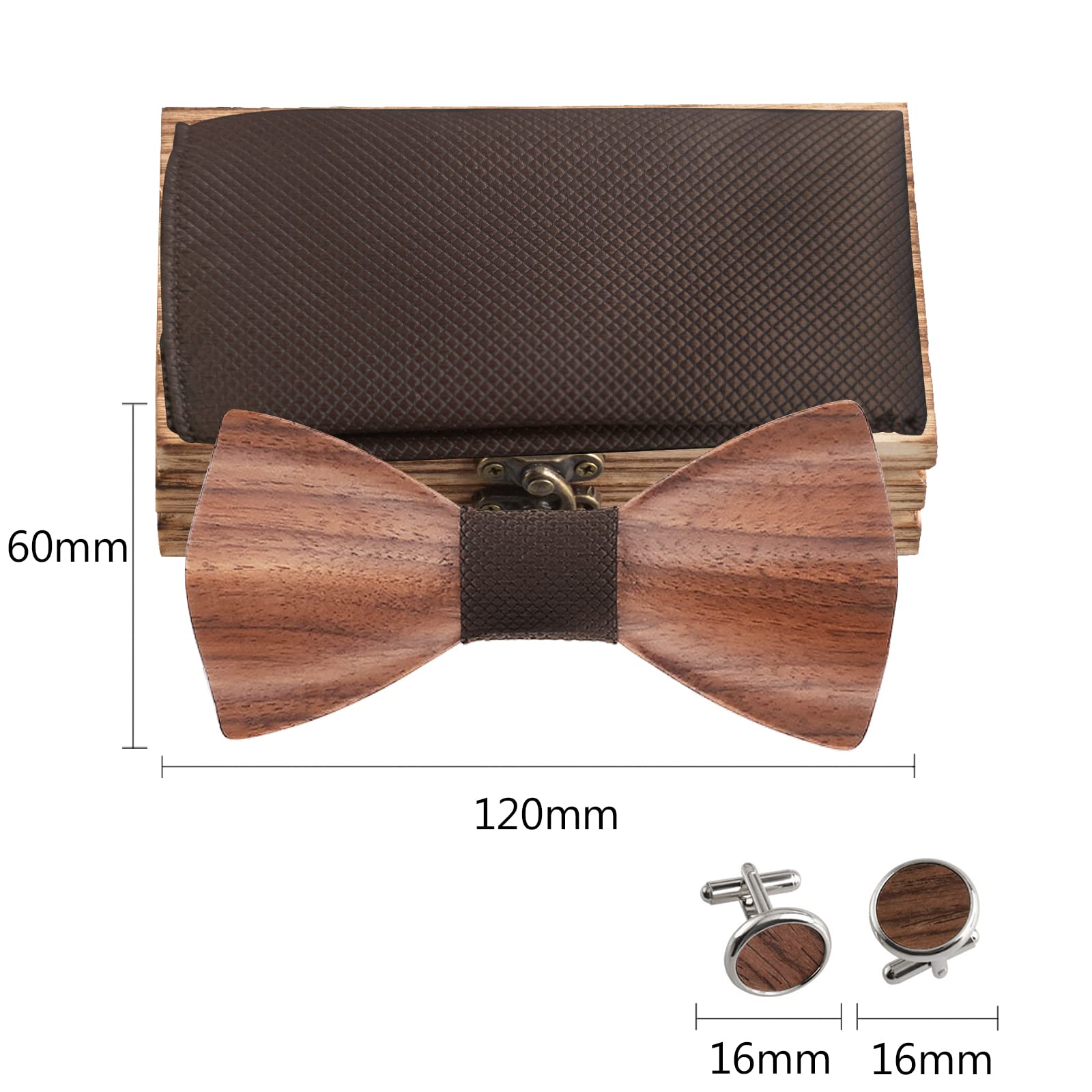 Mr.Van Noeud Papillon Bois pour Homme,Tour Bande Réglable, Style Classique Fait Main,Coffret en Bois (comprenant Boutons de Manchette,Mouchoir et noeud papillon) pour Mariage Soirée Business