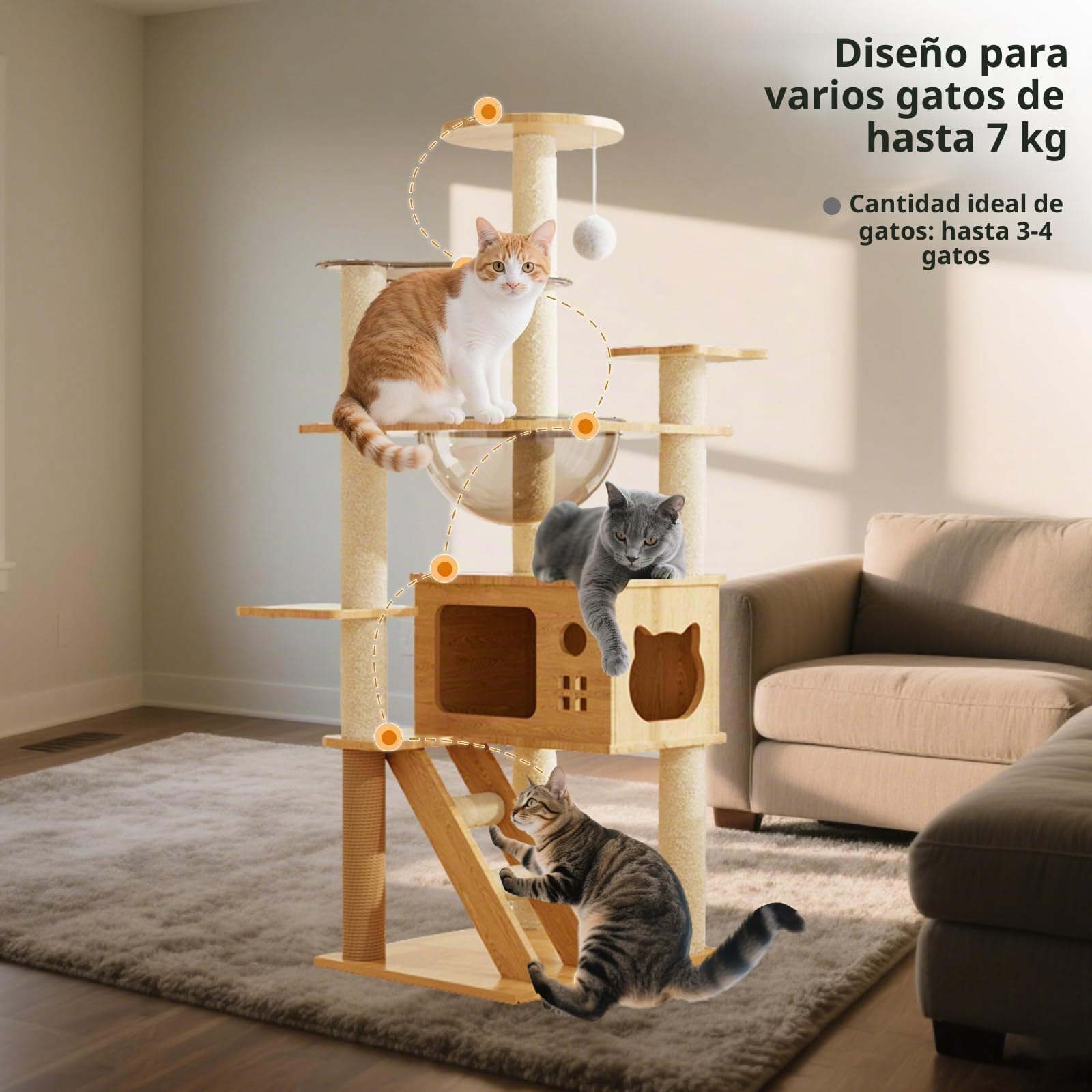 PETCUTE Rascador para Gato,Árbol para Gatos de Madera,Torre de Gato con Cápsula Espacial,Postes Rascadores, 2 Plataformas,1 Cueva, 1 Pompones,Escalera,Muebles para Gatos