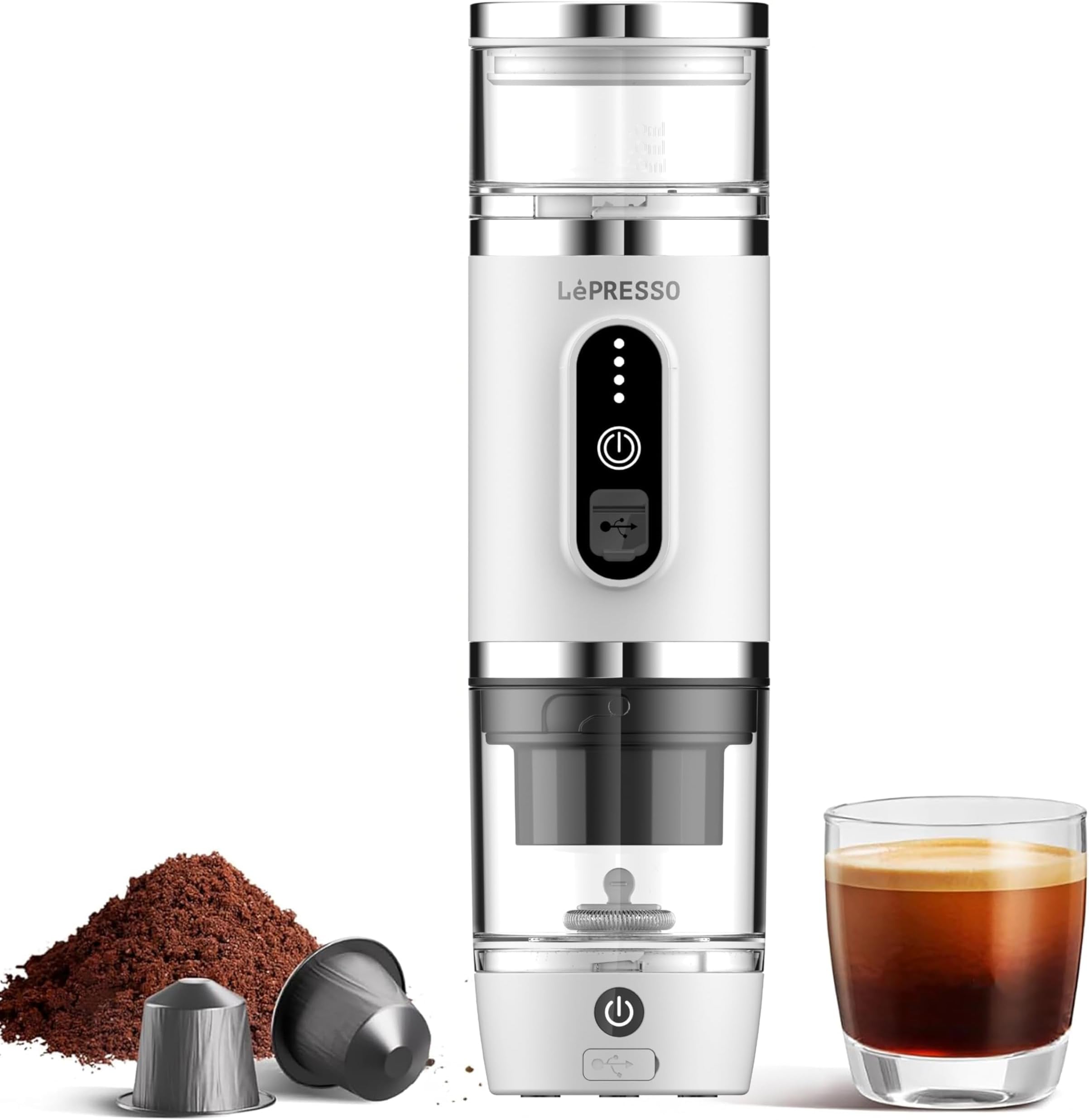 4-in-1 Portable Coffee Machine with Milk Frother, 20Bar Espresso Machine, Capsule Coffee Maker, Quick Brew & Foam Maker, 80mL Capacity Espresso Maker for Camping & Outdoors (White)