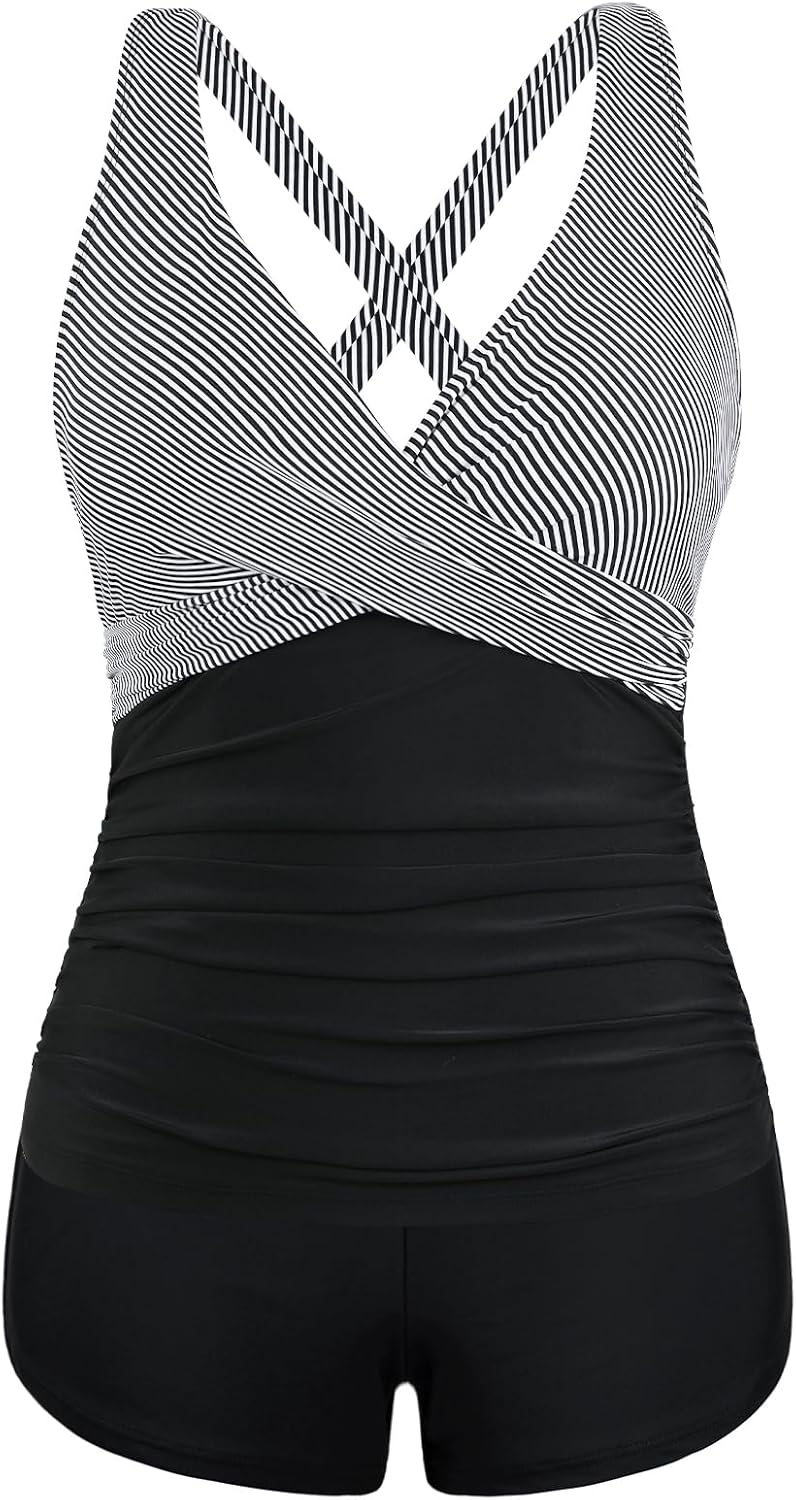 Firpearl Underwire Tankini Swimsuits for Women V Neck Twist Tankini with Shorts Tummy Control Two Piece Bathing Suits
