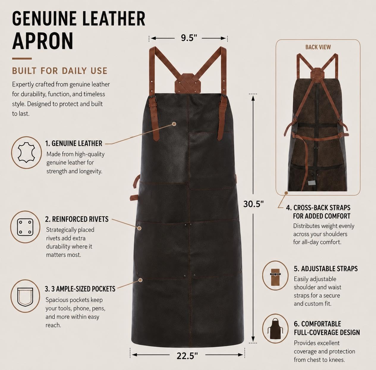 Theodore Tablier en Cuir avec Design Croisé - Confortable, 3 Poches, Sangles Réglables - Idéal Travail du Bois, Barbecue, Unisexe