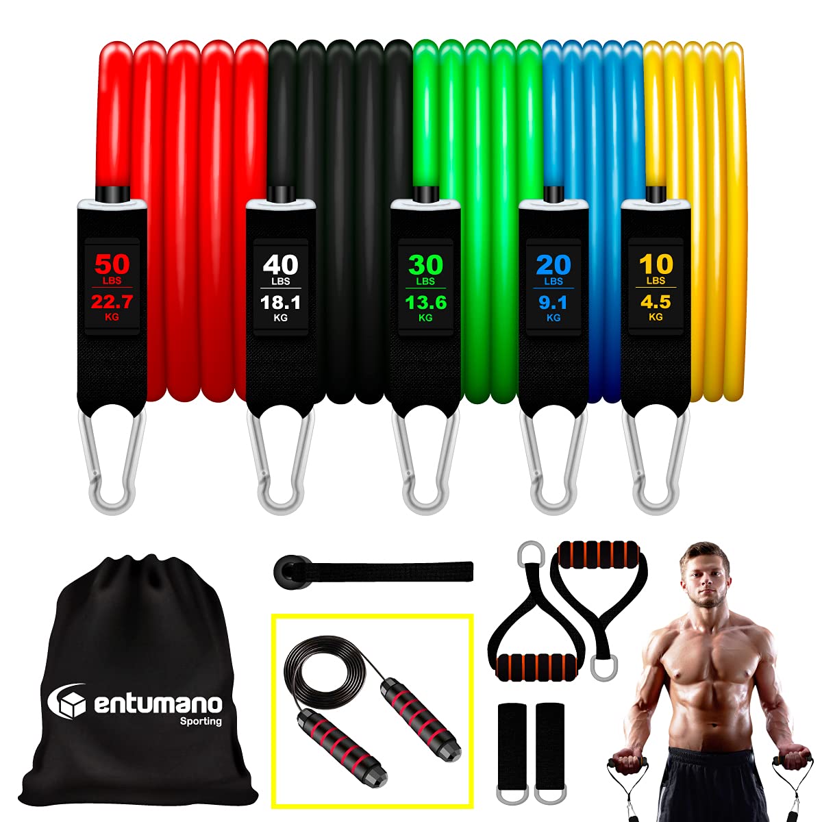 RESISTANCE BANDS SET 12 PIECES | JUMPING ROPE INCLUDED | FOR RESISTANCE TRAINING | PHYSICAL THERAPY | HOME WORKOUTS | GYM