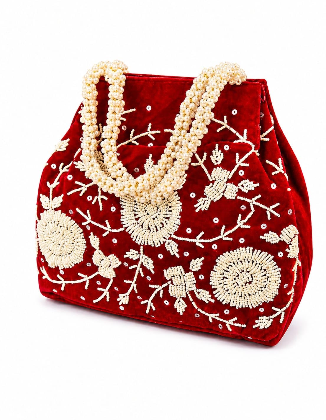 Women's Velvet Pearl Beaded Potli Handbag | Designer Ethnic Tote Bag for Wedding, Party & all occasion. (Red)-image-30