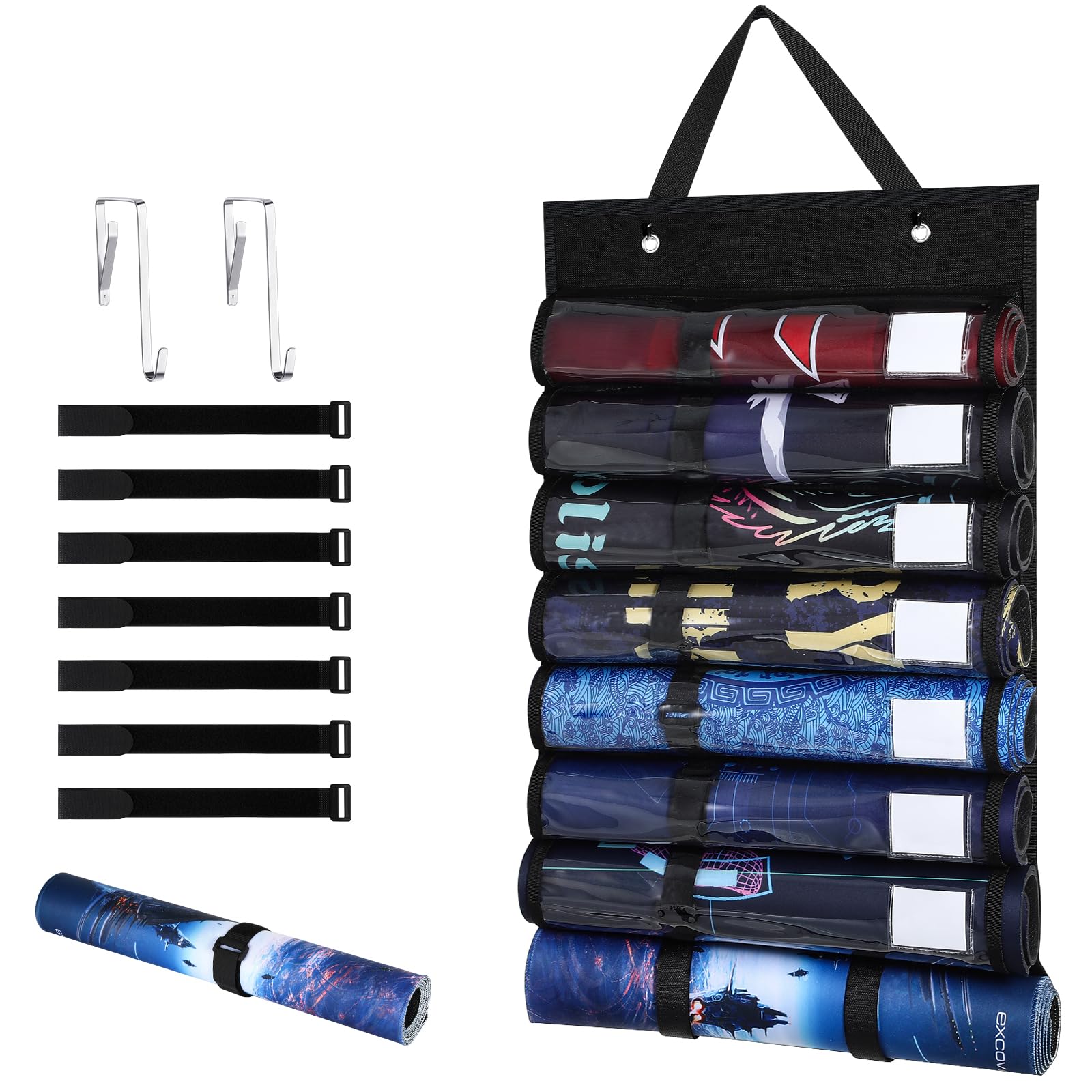 Portable Playmat Storage Bag - 7+1 Transparent Plastic Slots with Label and 7 Sticky Straps,Hanging Playmat Holder with 2 Hooks for TCG/RPG Play Mat and Card Game Mat Tube