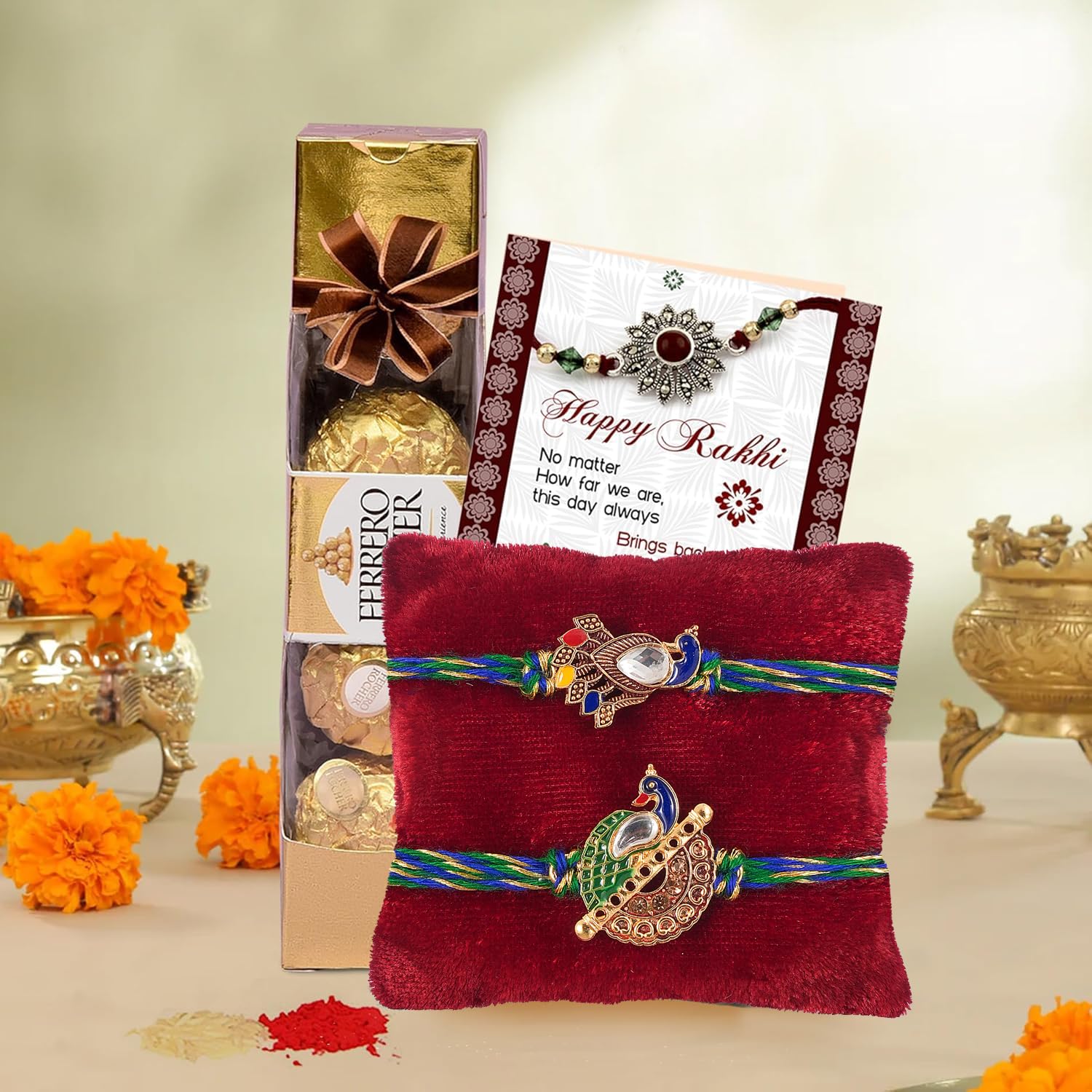 TIED RIBBONS Rakhi for Brother with Chocolate - Set of 2 Premium Rakhi with Chocolates, Mini Greeting Card and Roli Chawal - Rakhi Gift for Brother-image-39