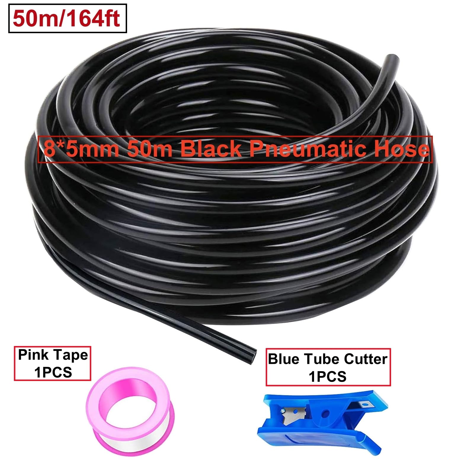 50 Meter Tuyau Pneumatique Polyuréthane PU Air Kit Noir 8mm OD x 5mm ID Tuyau Air Comprimé Peut Etre Utilisé pour Les Compresseur Outils Pneumatiques