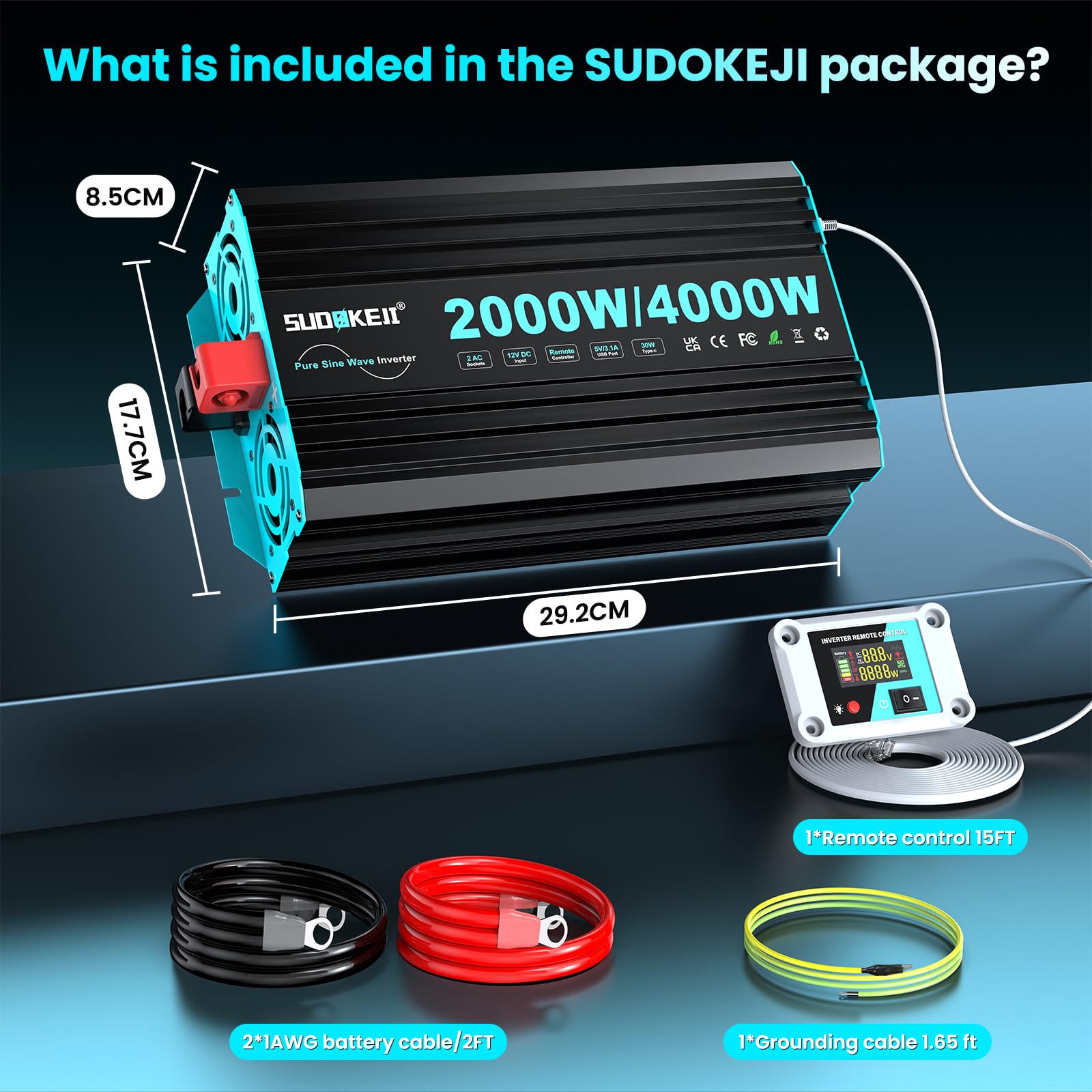 Onduleur 2000 W/4000 W À Onde Sinusoïdale Pure, Convertisseur De Tension 12 V À 230 V, avec Télécommande LCD, Ports USB Et Type-C, 2 Prises Secteur EU pour Panneaux Solaires, Véhicules Et Cam