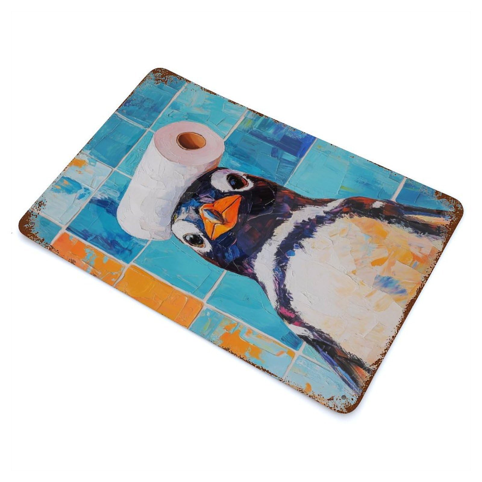 Penguin with Toilet Paper Rust Effect Tin Sign 11.8"x7.9", Ideal for Garage, Bar And Workshop Decor