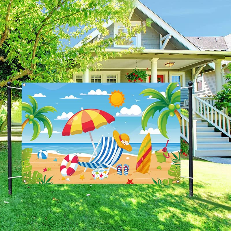 Beach Party Backdrop Banner - 70.8x43.3 Inch Hawaiian Pool Surfboard Theme For Birthday & Summer Decor, With String - View #2