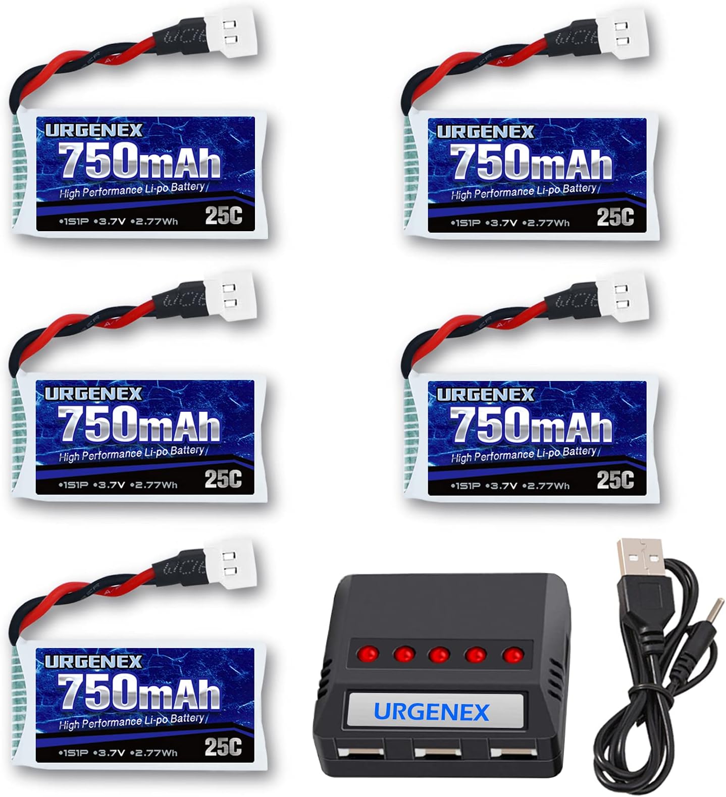 URGENEX 3.7V Lipo Battery 750mAh 25C 5 Pack Lipo Batteries with Molex Plug 5 in 1 Charger for Syma X5 X5A X5SW X5C X5C1 RC Quadcopter Drone Spare Parts