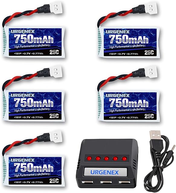 URGENEX 3.7V Lipo Battery 750mAh 25C 5 Pack Lipo Batteries with Molex Plug 5 in 1 Charger for Syma X5 X5A X5SW X5C X5C1 RC Quadcopter Drone Spare Parts