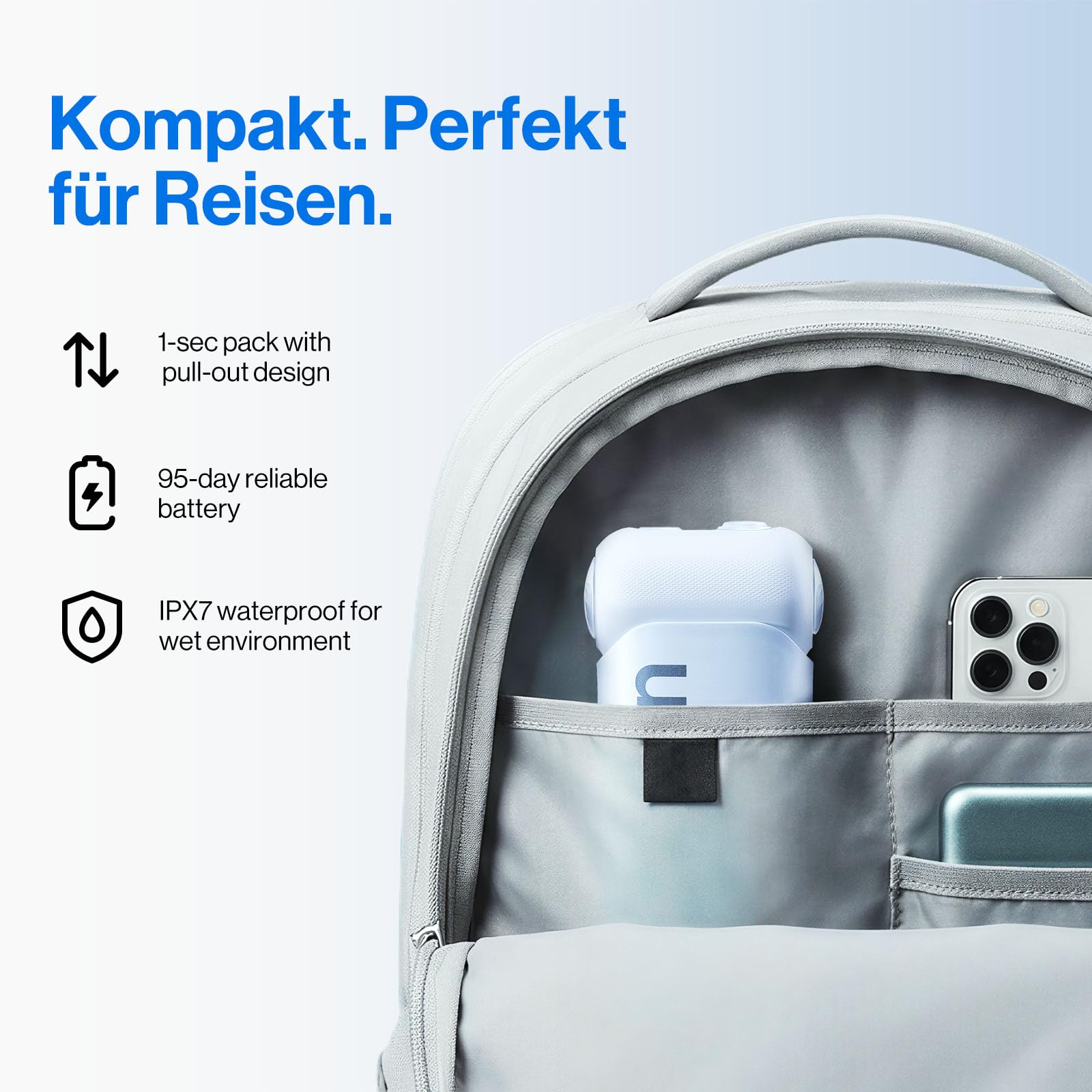 usmile C10 Tragbare Munddusche – 95 Tage Akkulaufzeit, 4 Reinigungsmodi, 180 ml Tank, IPX7 Wasserdicht, Ideal für Reisen, Zahnspangen, Implantate & Empfindliches Zahnfleisch (Blau)