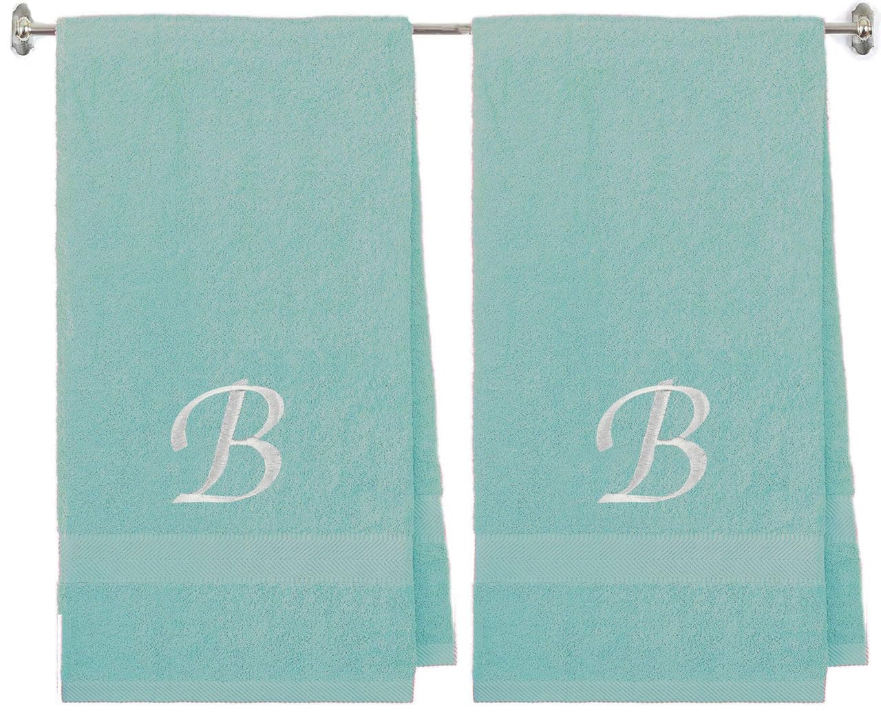 BY LORA Embroidered Terry Cotton Bath Towel for Bath, Shower - Personalized Gift - Nautical Teal Color Towel - Silver Script Initial B