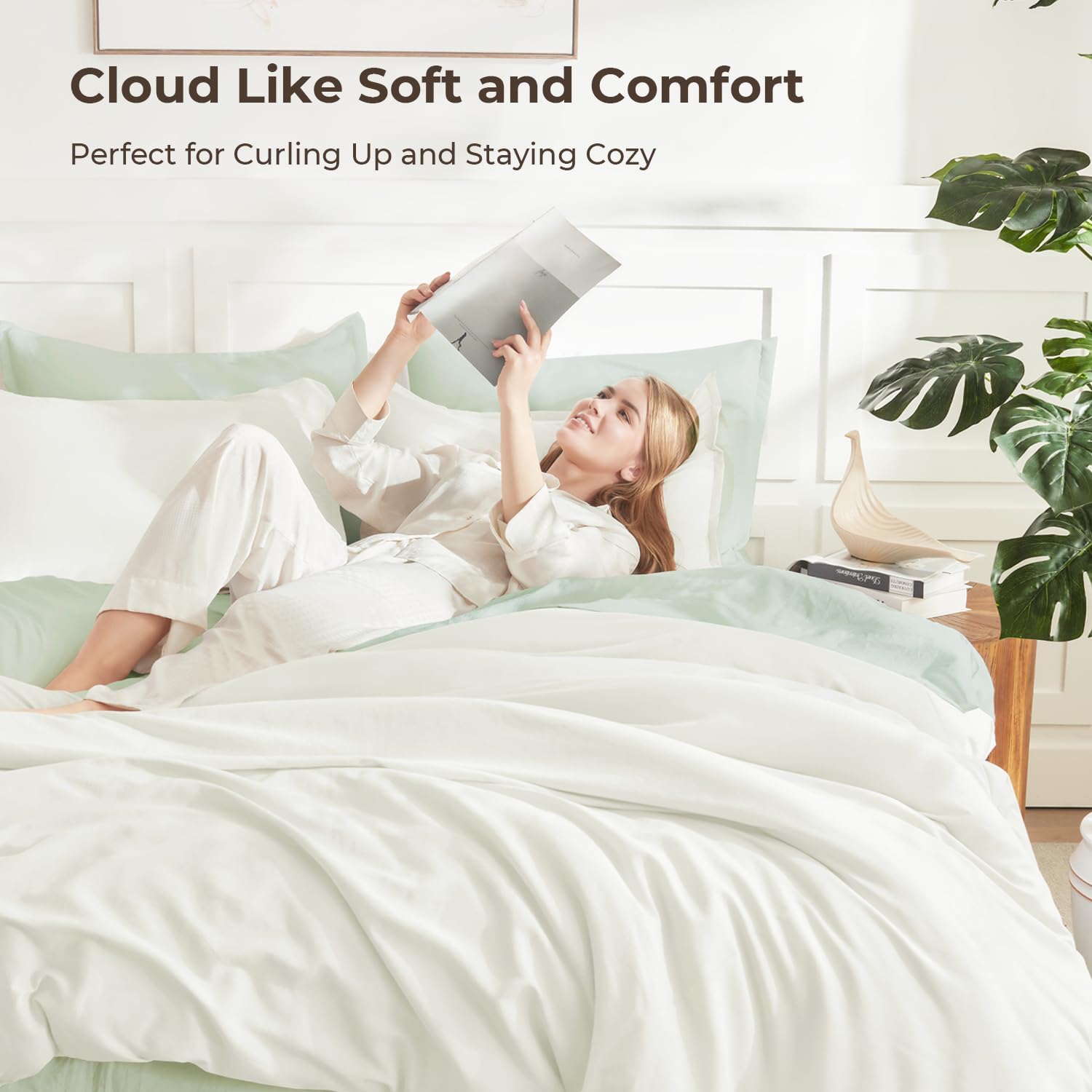 Litanika Ivory Comforter Set Queen Size, 3 Pieces Lightweight Solid Bedding Comforter Set, All Season Fluffy Bed Set (90x90In Comforter & 2 Pillowcases) - Image 2