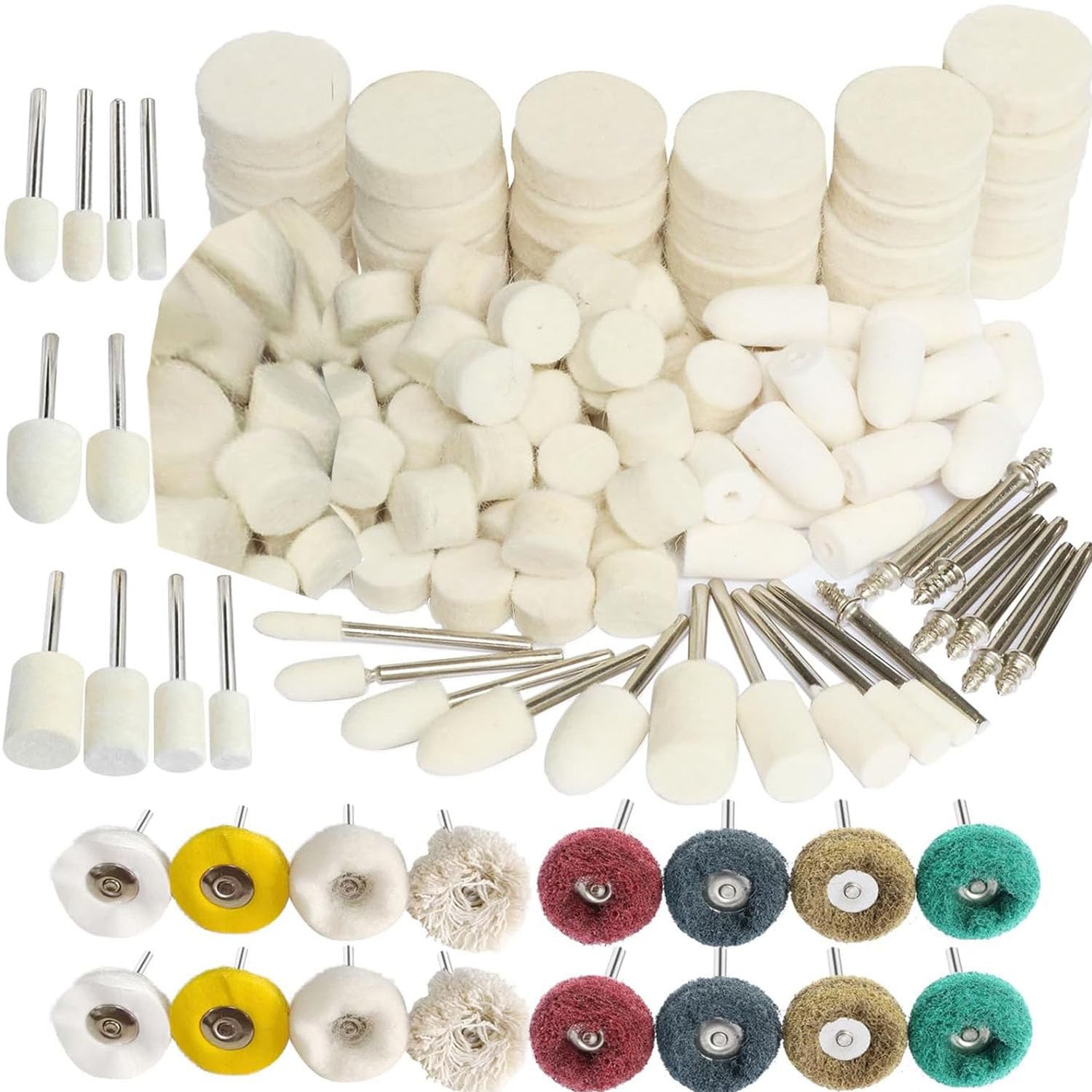 DIY Craft Polishing Wheel Set, Wool Felt Cotton Mounted, Polishing Buffing Wheel Set for Dremel Polishing Kit Felt Wool Cotton 1/8inch Shank Pad Rotary Tool Accessories Brush Polishing (150)