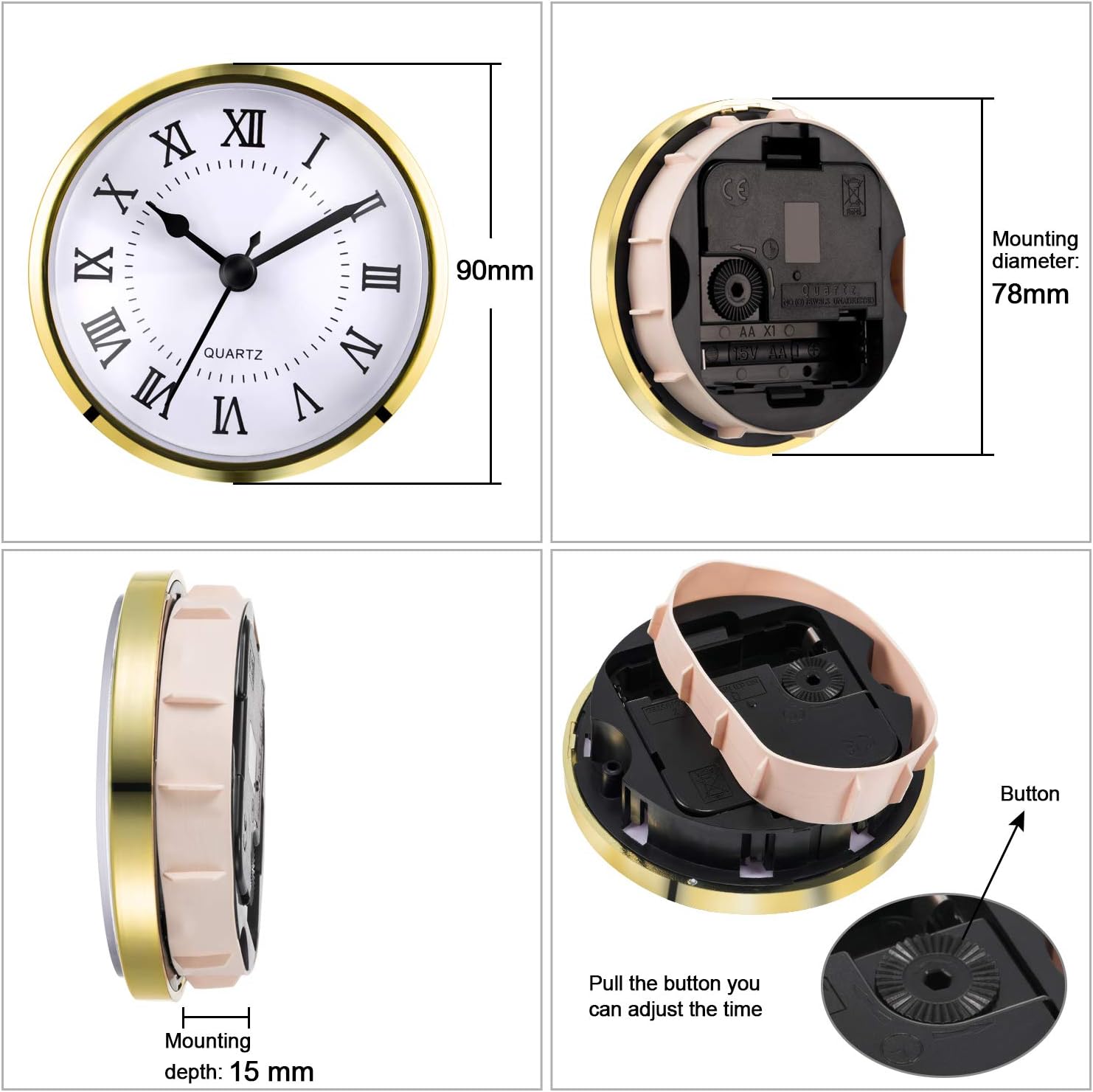 Hicarer 3-1/2 Inch (90 mm) Quartz Clock Fit-up/Insert with Roman Numeral, Quartz Movement (Gold Trim)