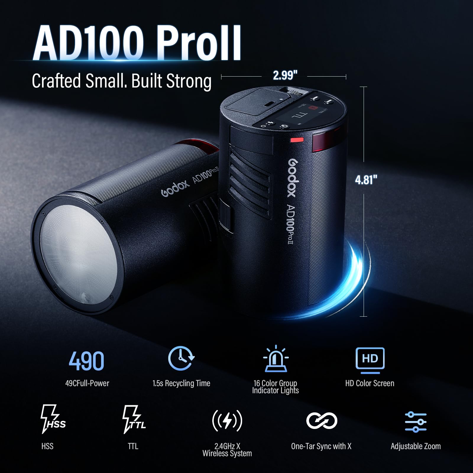 Godox AD100 Pro II Flash, flash tascabile AD100PROII, 100 Ws TTL/M/Multi-funzioni, sistema radio X 2,4 GHz, sistema 1/8000HSS, 0,01-1,5 s, 490 flash a piena potenza Godox AD100pro II Flash