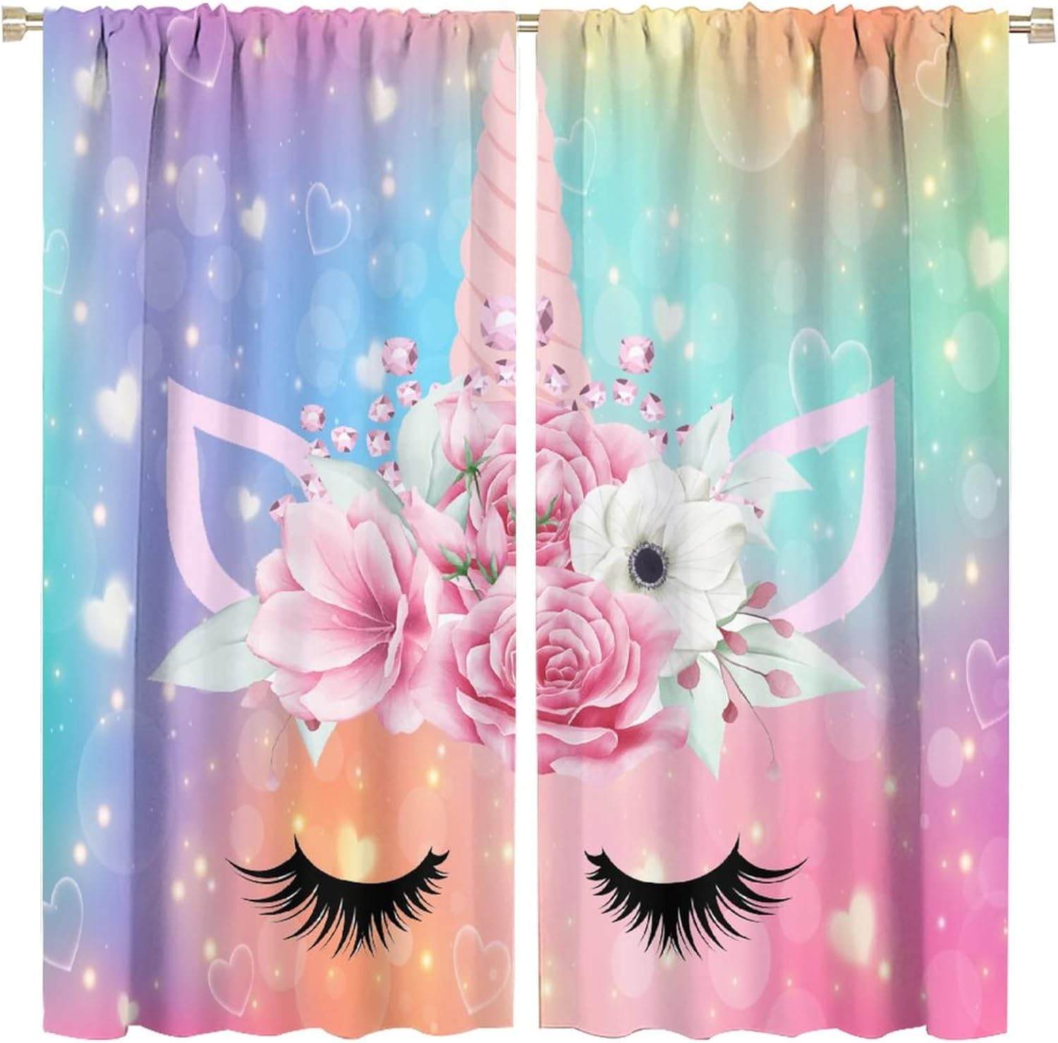 Colorful Unicorn Curtains Fantasy Animal Rainbow Floral Star Kids Girls Bedroom Decor Printed Rod Pocket Blackout Window Drapes for Living Room Kitchen W42 x L45