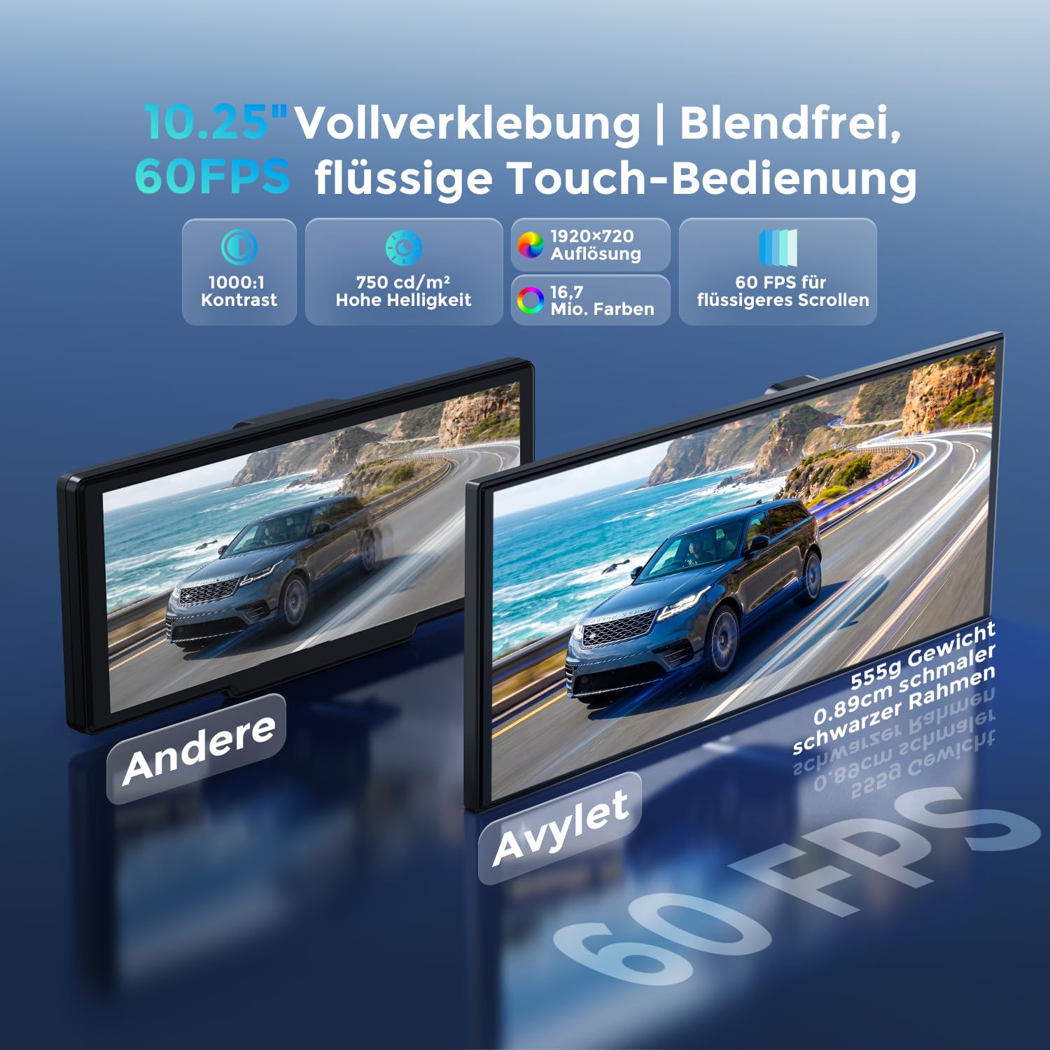 Avylet 10,25" CarPlay Display mit KI BSD,4K Front+HD Rückfahrkamera Dual Dashcam & 64GB Karte, kabelloses CarPlay & Android Auto, 60FPS 1920x720P, Mirror Link, GPS, Sprachsteuerung, Bluetooth/AUX/FM
