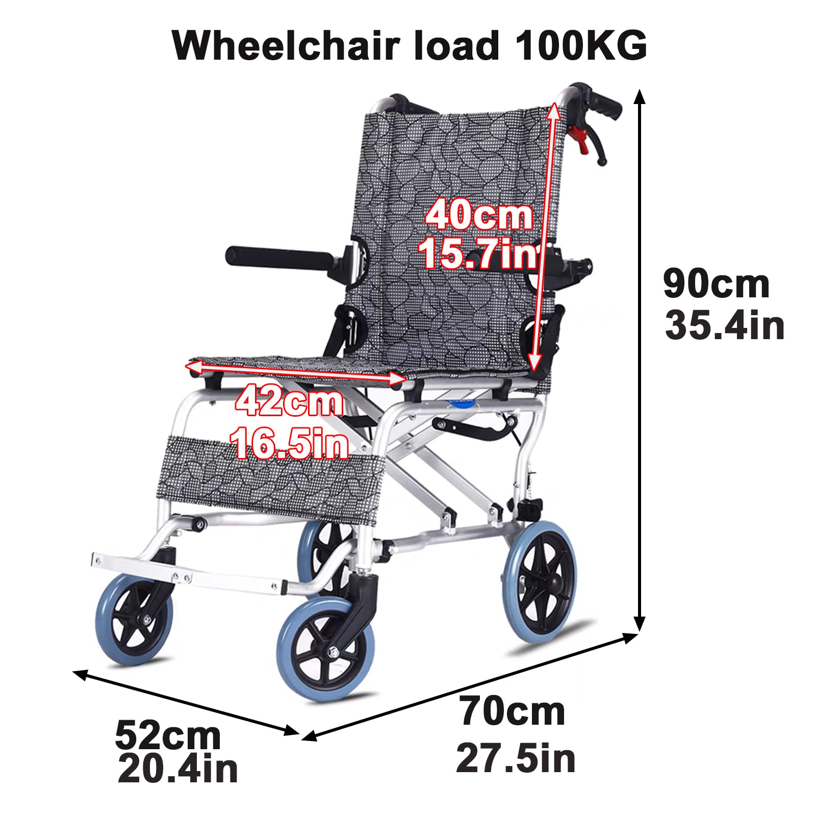 Carrozzina pieghevole in alluminio Carrozzina pieghevole in alluminio Carrozzina leggera da viaggio Adatta per adulti, persone con disabilità e persone a mobilità ridotta(52X70X90cm(20.4X27