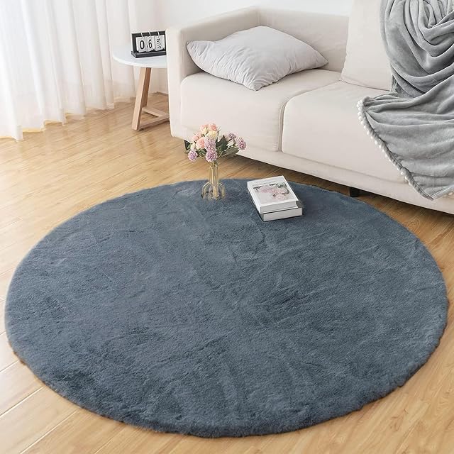 Vamcheer Rug Living Room 120cm Round - Faux Rabbit Fur Rug Circle Fluffy Rug Indoor Floor Area Rug for Playroom Bedroom 800GSM Cute Soft Rug for Children Washable Carpet Non-Slip(120cm, Dark Gray)